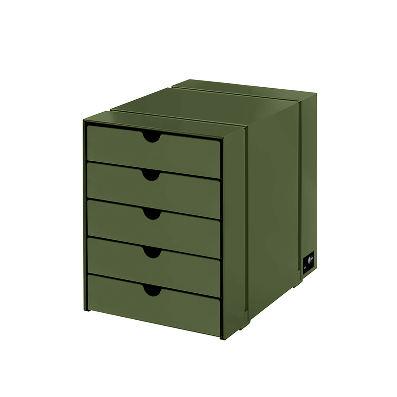 Inos 5 Drawer Set in olive green powder-coated steel with chrome frame for stylish office or home storage.