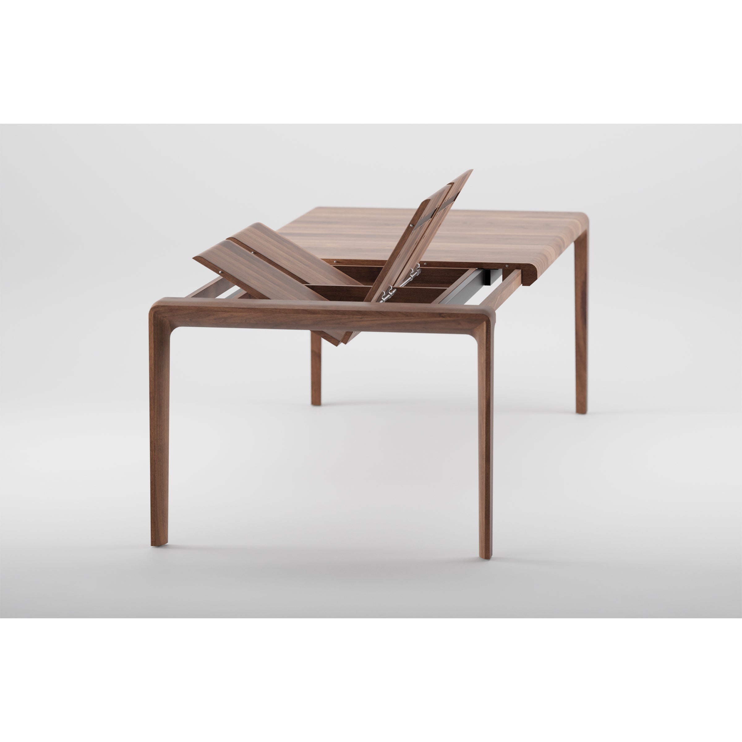 The INVITO Table Extendable by Artisan is a solid wood dining table with modern, sleek lines, featuring a central lift section to extend its length. Crafted from eco-friendly materials, this efficient design stands out on a white background.