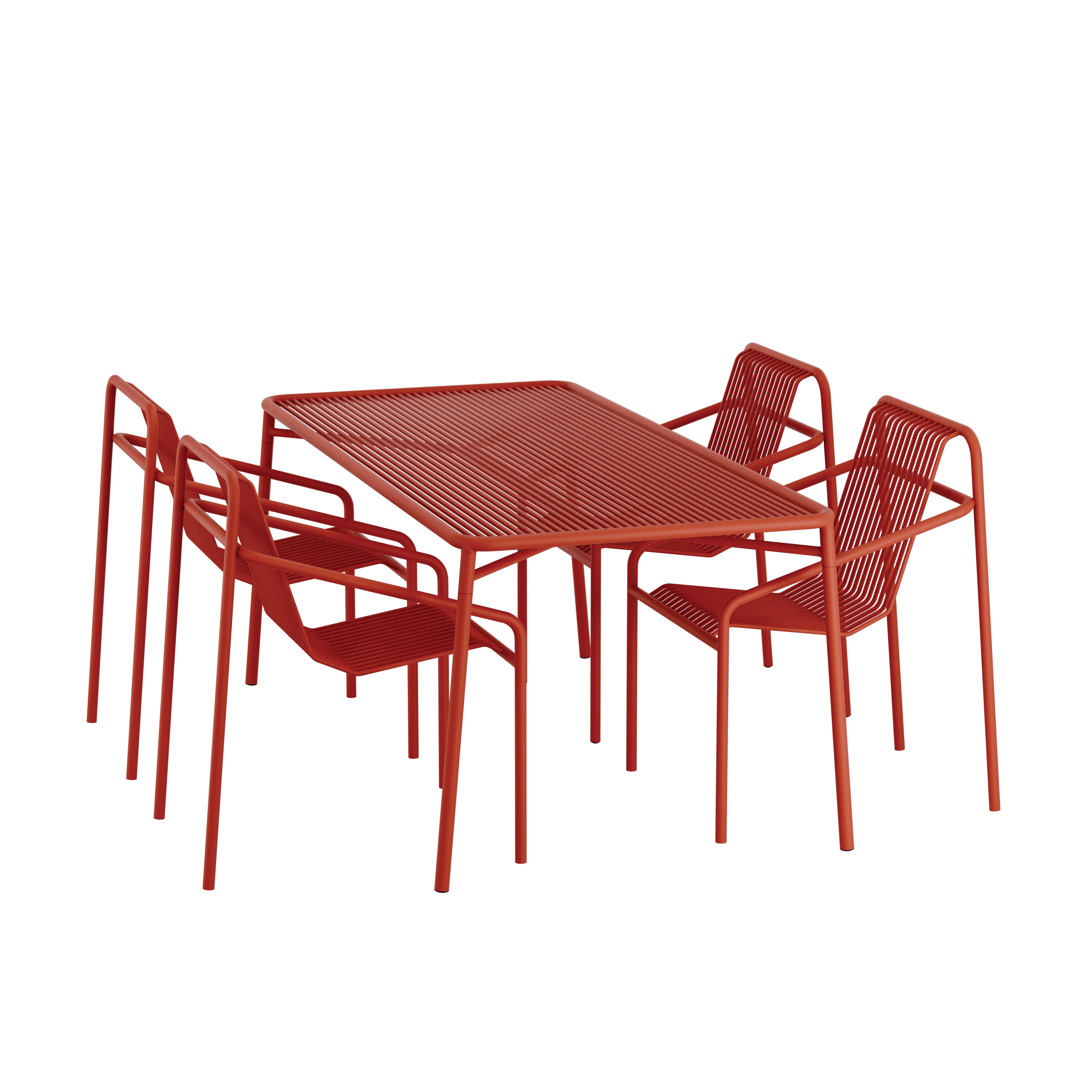 The IVY Outdoor Set by Objekte unserer Tage includes a red table and six matching chairs from our exclusive outdoor collection, featuring sleek lines and slatted surfaces for a contemporary look. Its weather-resistant and ergonomic, ensuring ultimate comfort.