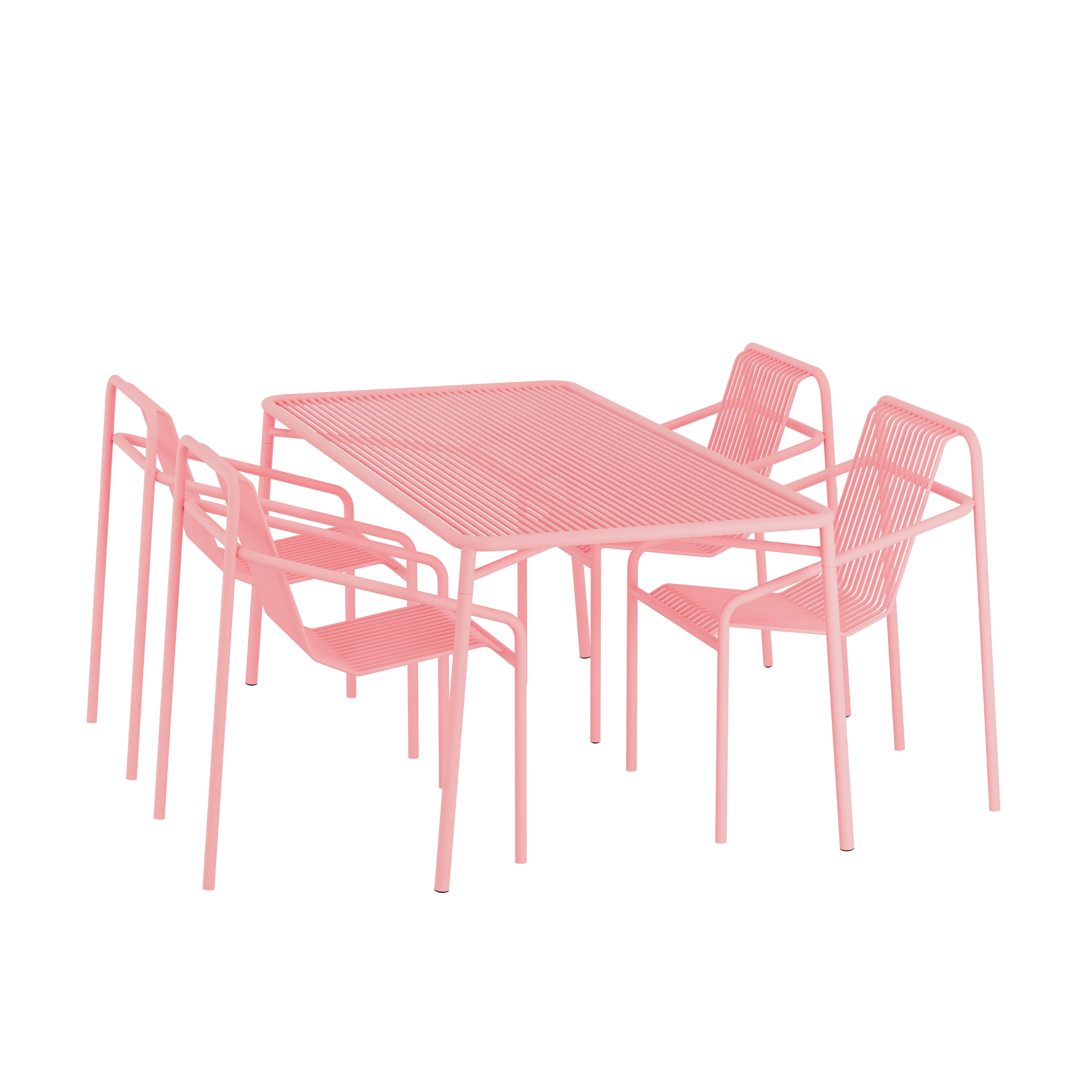 The IVY Outdoor Set by Objekte unserer Tage is a minimalist pink metal dining set featuring a rectangular table and five matching slatted chairs. Its part of an elegant outdoor collection and is weather resistant for enhanced durability.