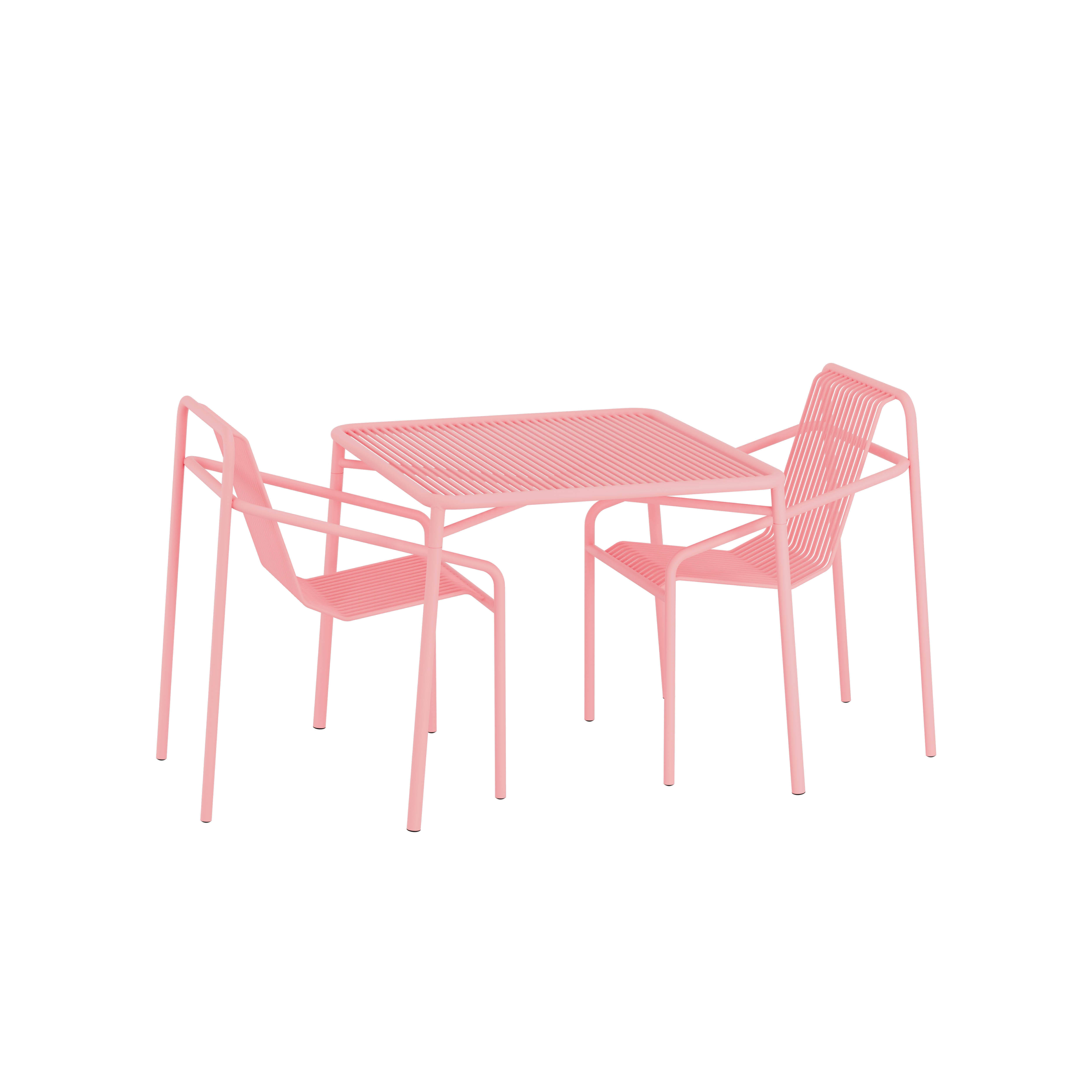 The IVY Outdoor Set by Objekte unserer Tage is a minimalist outdoor dining set with an ergonomic design, featuring a weather-resistant pink metal square table and two chairs with slatted surfaces and angled legs, all showcased against a white background. This set is part of a chic outdoor collection.
