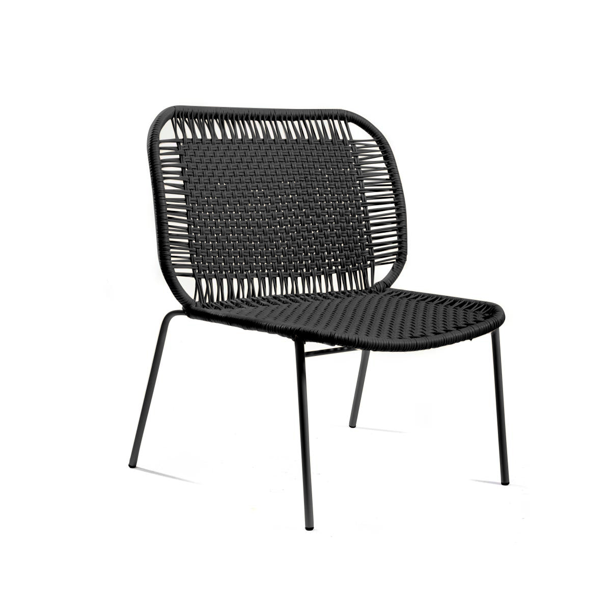 The Ames Cielo Lounge Chair Low by Ames is a black woven chair with a rounded back and metal legs, featuring a modern minimalist design and open weave pattern for stylish indoor or outdoor use.