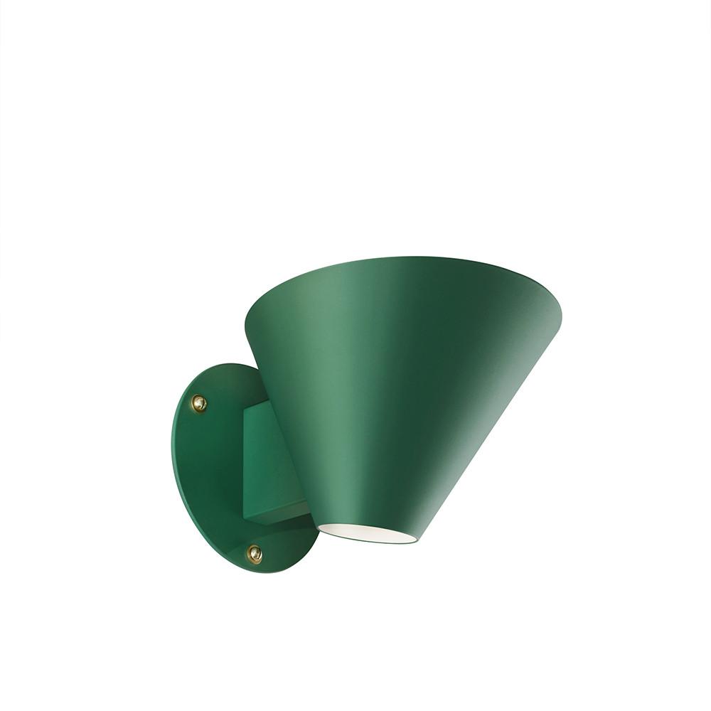 The Billy Wall by Kalmar is a green, conical wall sconce with an industrial design, mounted on a round base. Its made of lacquered metal with a smooth finish, visible screws on the base, and features a white interior shade.
