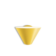 The Kalmar Billy Wall - Inventory is a yellow, cone-shaped sconce made from lacquered metal. It tapers elegantly to a point at the bottom against a white background, embodying industrial design elements.
