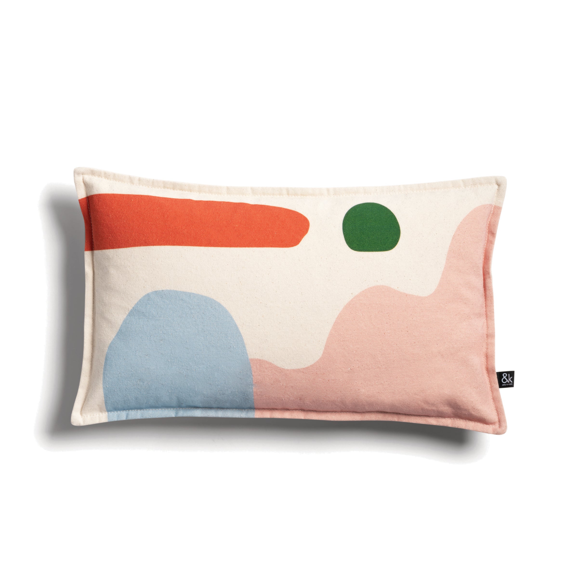 The Cushion Collage by &Klevering is a rectangular pillow showcasing organic shapes in orange, green, pink, and blue on a cream background. Made from high-quality cotton, it offers a modern artistic vibe.