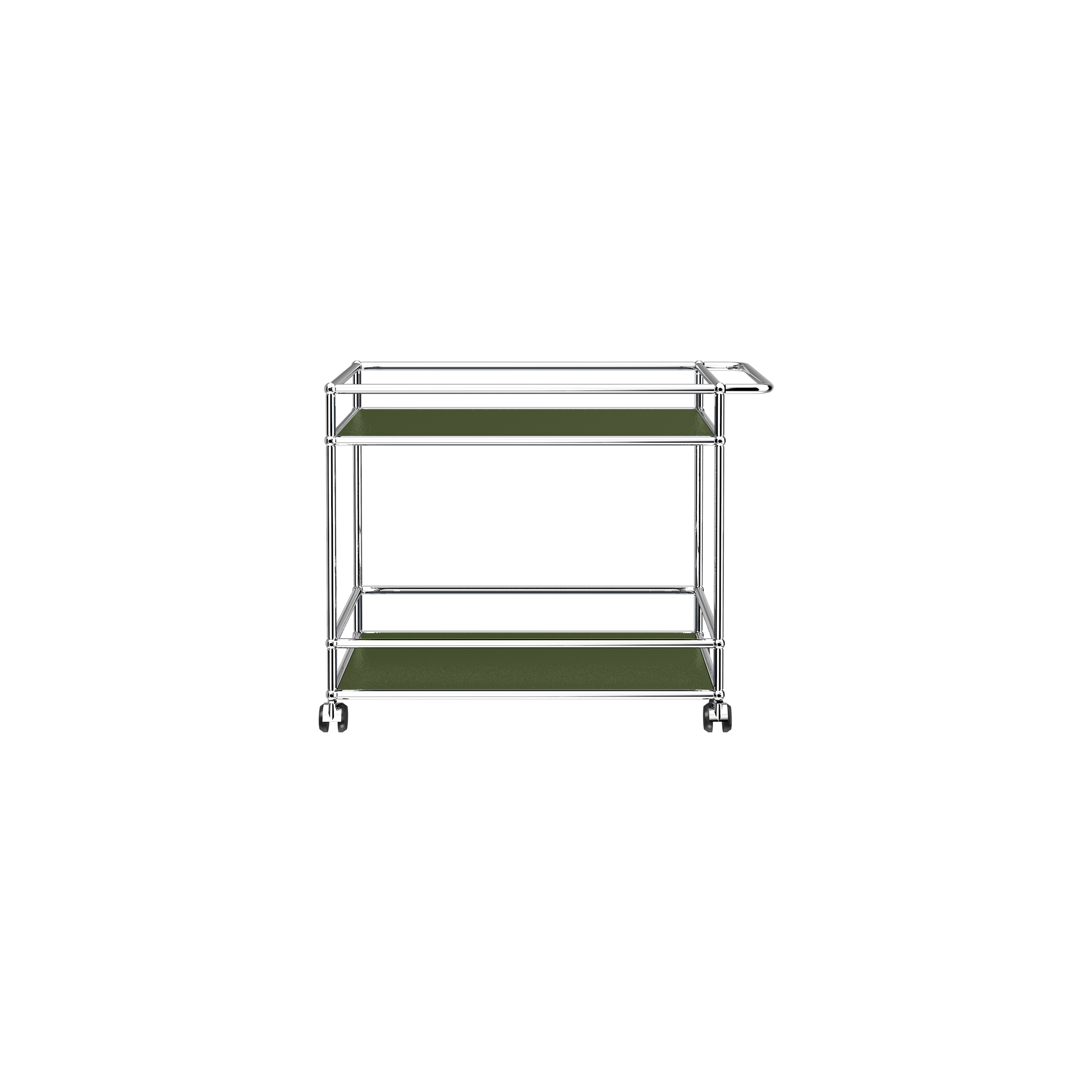 Haller Serving Cart L18 with chrome steel frame, powder-coated olive green steel panels, and caster wheels for mobility.