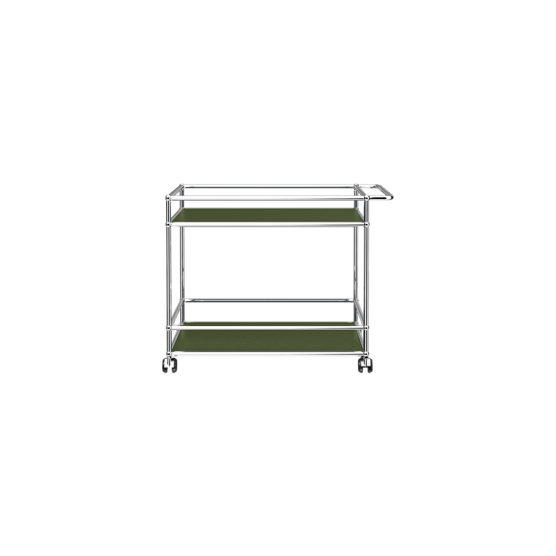 Haller Serving Cart L18 with chrome steel frame, powder-coated olive green steel panels, and caster wheels for mobility.