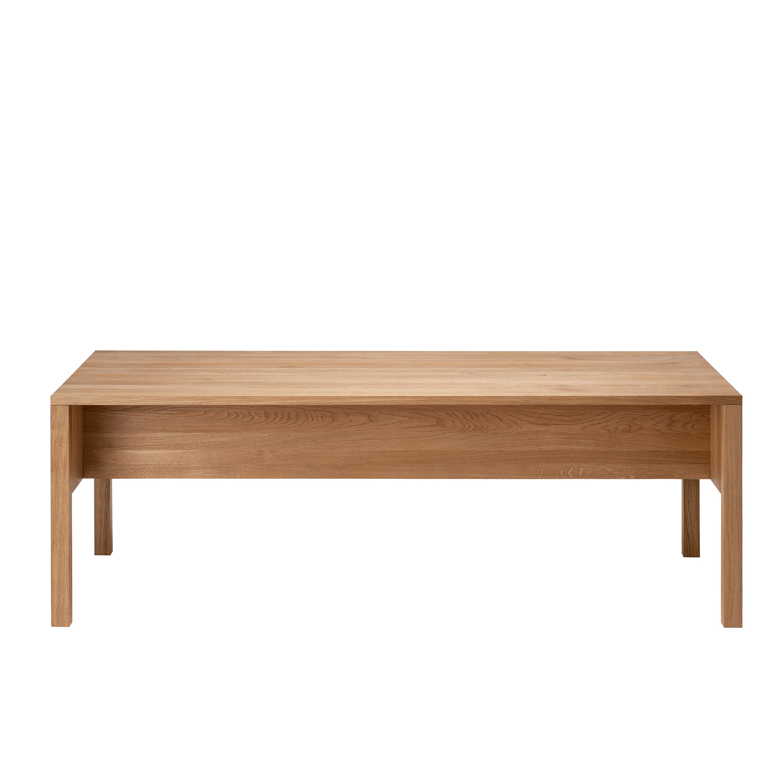 The L8 Traba Table from Loehr is a wooden coffee table with a simple rectangular design and four straight legs, providing structural stability. Its natural wood finish highlights the beautiful grain patterns.