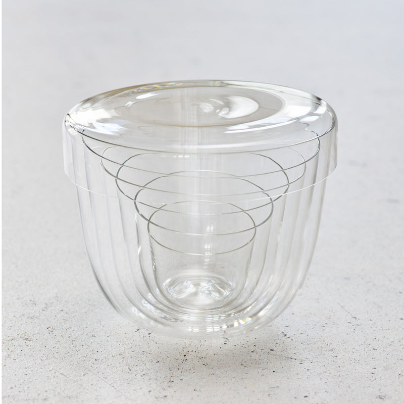 Lobmeyrs Alpha Salad Bowls are stackable, mouth-blown lead-free crystal bowls that nest elegantly, with the largest serving as a lid. They rest beautifully on a light gray textured surface, embodying refined design reminiscent of an Alpha Beaker.