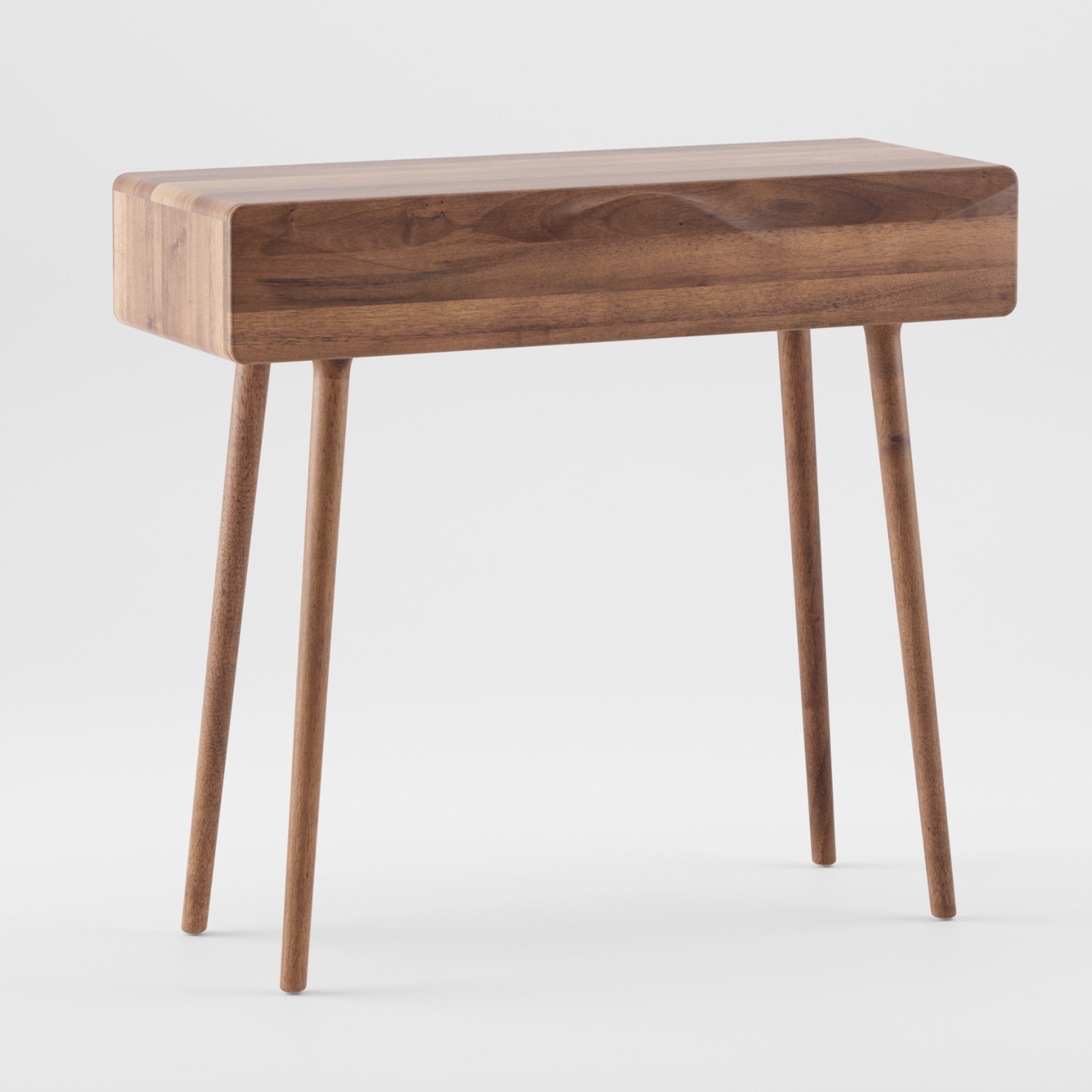 The Artisan LASTA Console Table boasts a sleek rectangular top crafted from solid wood, supported by four slender tapered legs. Finished with natural oils for an eco-friendly touch, its minimalist design stands elegantly against a plain white background.