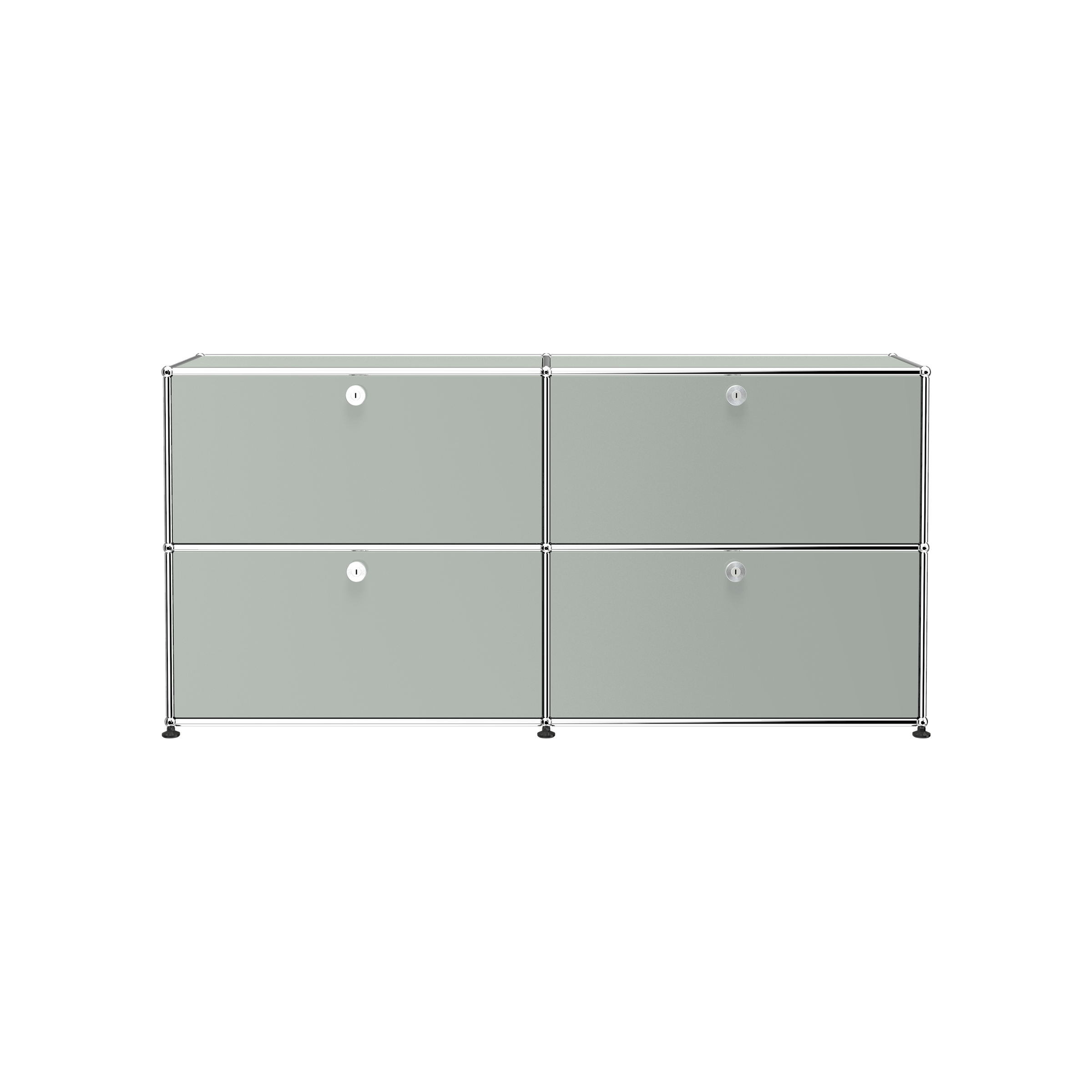Haller Credenza E2 with four lockable drop-down doors in powder-coated steel and chrome frame, minimalist design.