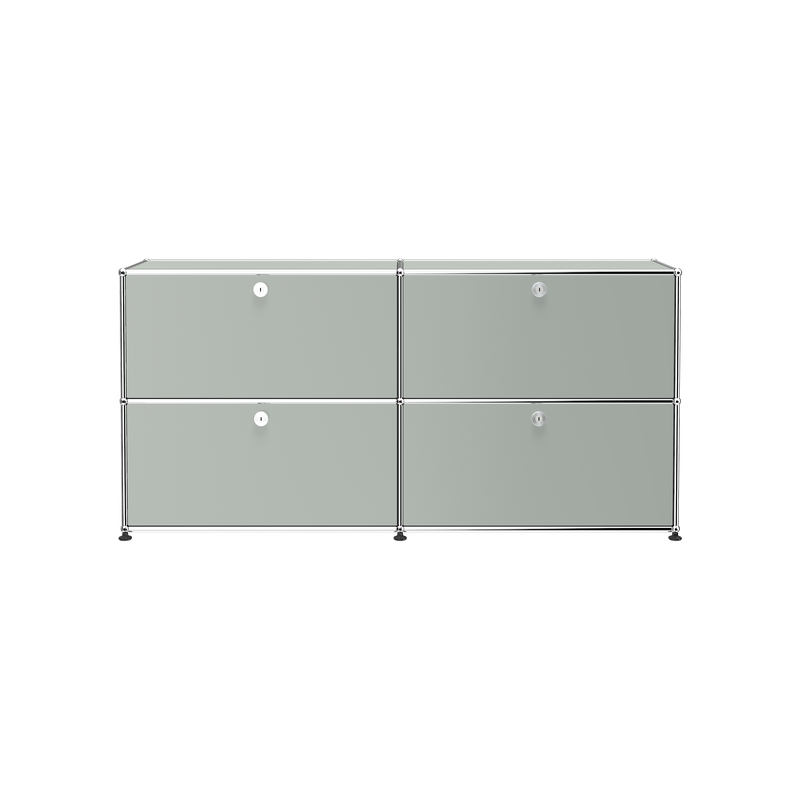 Haller Credenza E2 with four lockable drop-down doors in powder-coated steel and chrome frame, minimalist design.