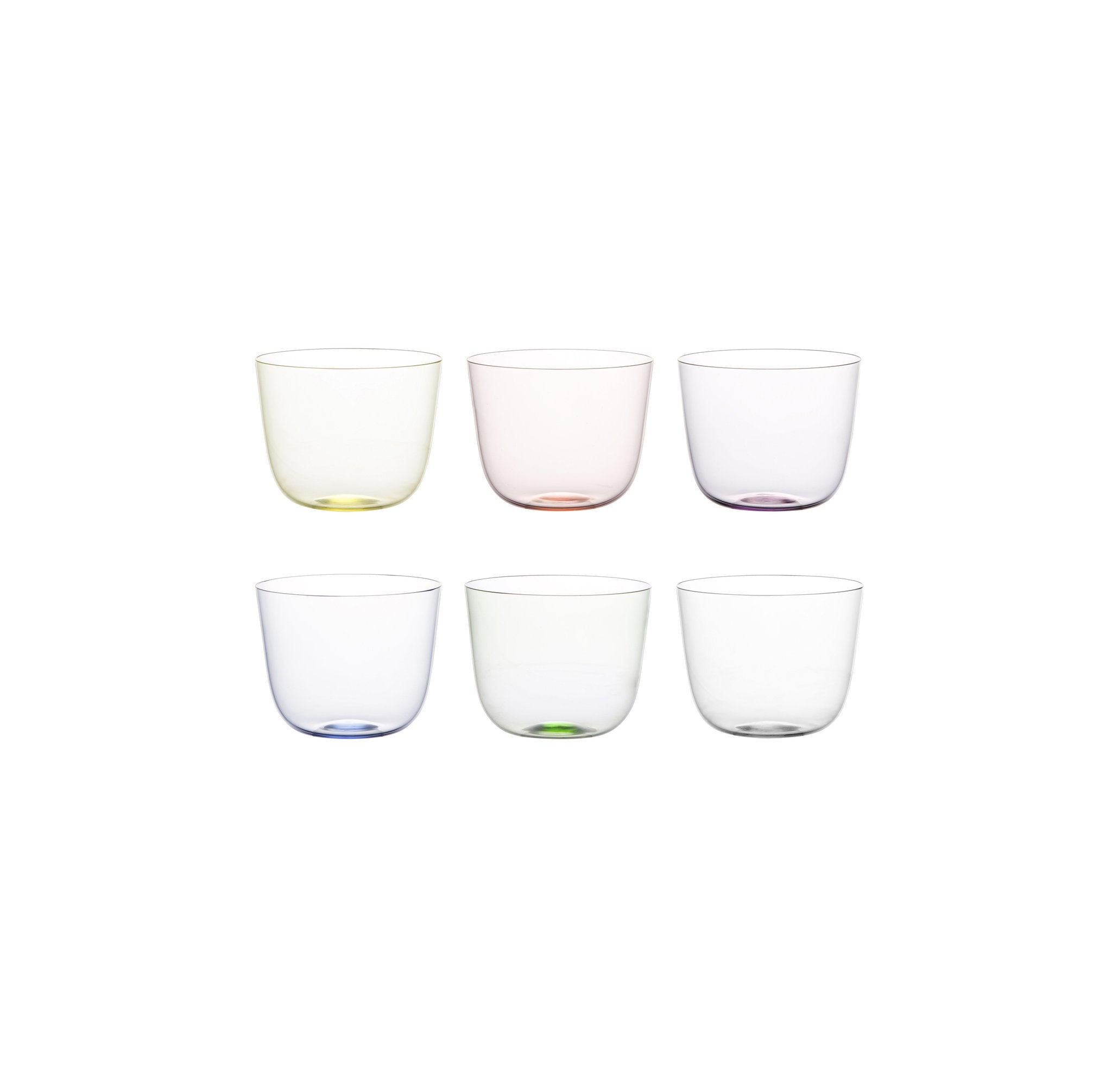 Six transparent Alpha Water Tumblers from Lobmeyr, mouth-blown from lead-free crystal, are arranged in two rows. Each features a subtle tint—yellow, pink, blue, green, and purple—set against a plain white background.