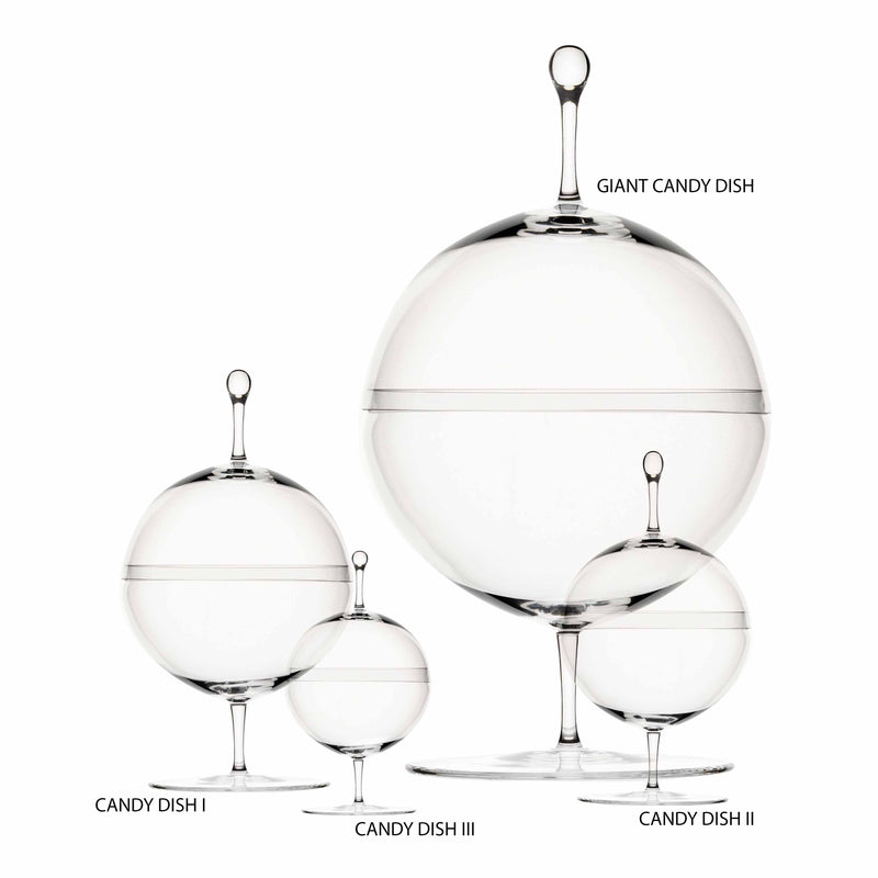 Discover the stunning Lobmeyr Candy Dish collection, featuring four clear glass dishes crafted from mouth-blown, lead-free crystal. From Candy Dish I to the Giant Candy Dish, each piece boasts a round lid with a knob handle.