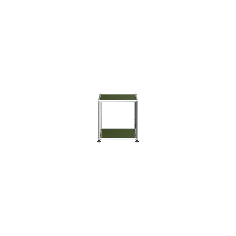 Haller Side Table M21 with powder-coated steel panels and chrome frame in olive green, minimalist modern design.