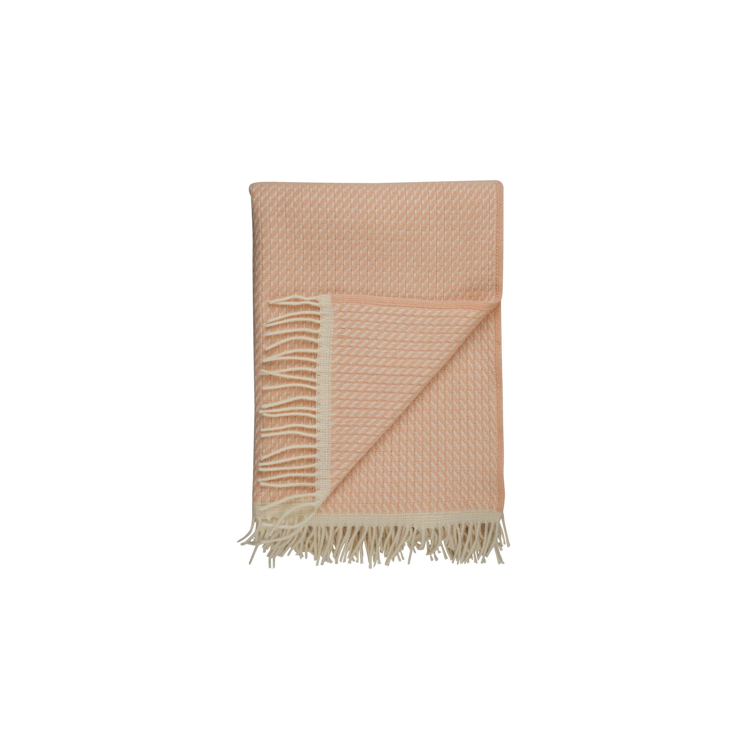 The MELLO Throw by Roros is a folded pink woven blanket crafted from soft Norwegian lambswool, featuring a subtle pattern and fringed edges on two sides, elegantly displayed against a plain white background.