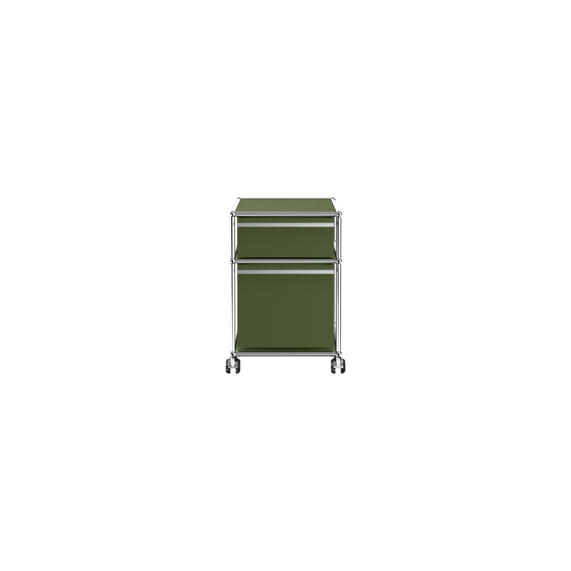 Haller File Pedestal M mobile file cabinet with two drawers and chrome frame in olive green finish