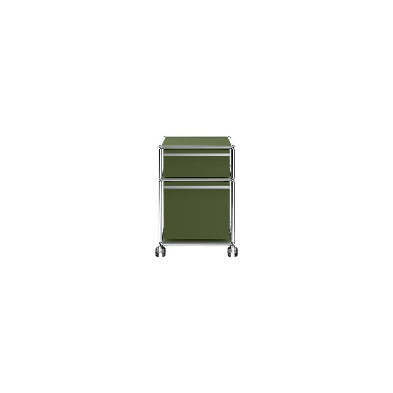 Haller File Pedestal M mobile file cabinet with two drawers and chrome frame in olive green finish