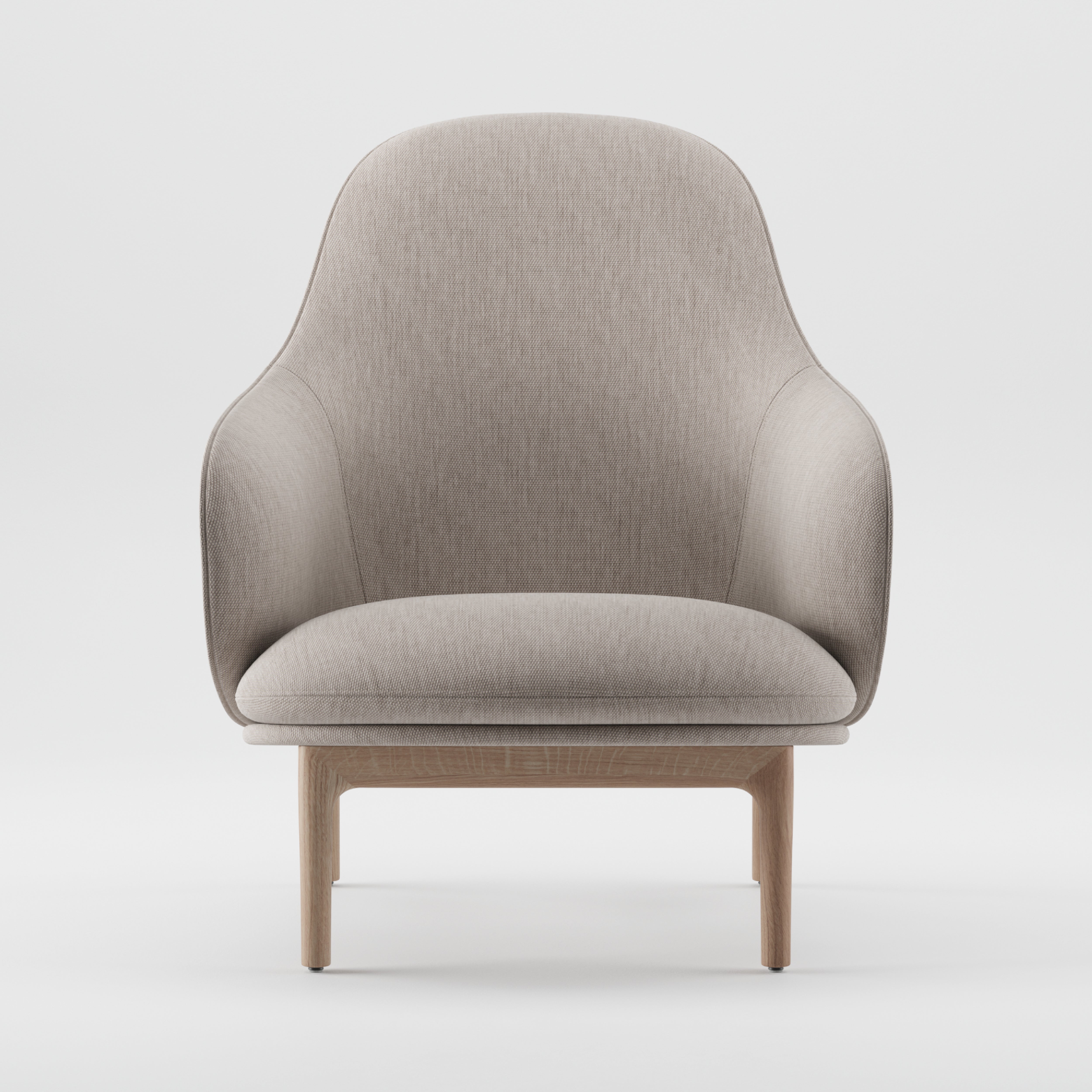 A front view of the Artisan MELA Lounge Chair High, a mid-century inspired light gray upholstered armchair with a smooth, curved back and seat. It has a sleek wooden frame with four legs on a plain white background.