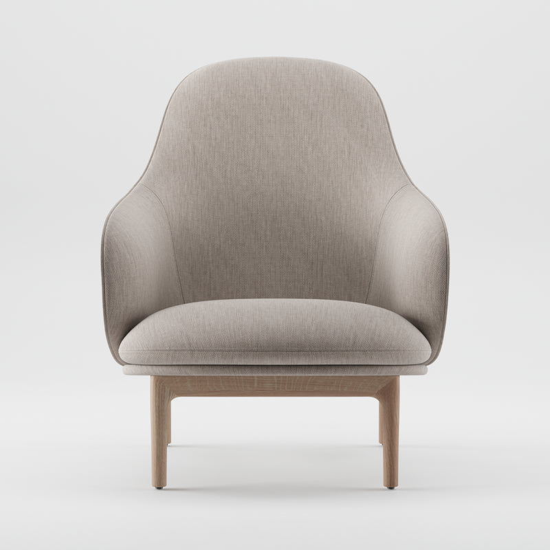 A front view of the Artisan MELA Lounge Chair High, a mid-century inspired light gray upholstered armchair with a smooth, curved back and seat. It has a sleek wooden frame with four legs on a plain white background.