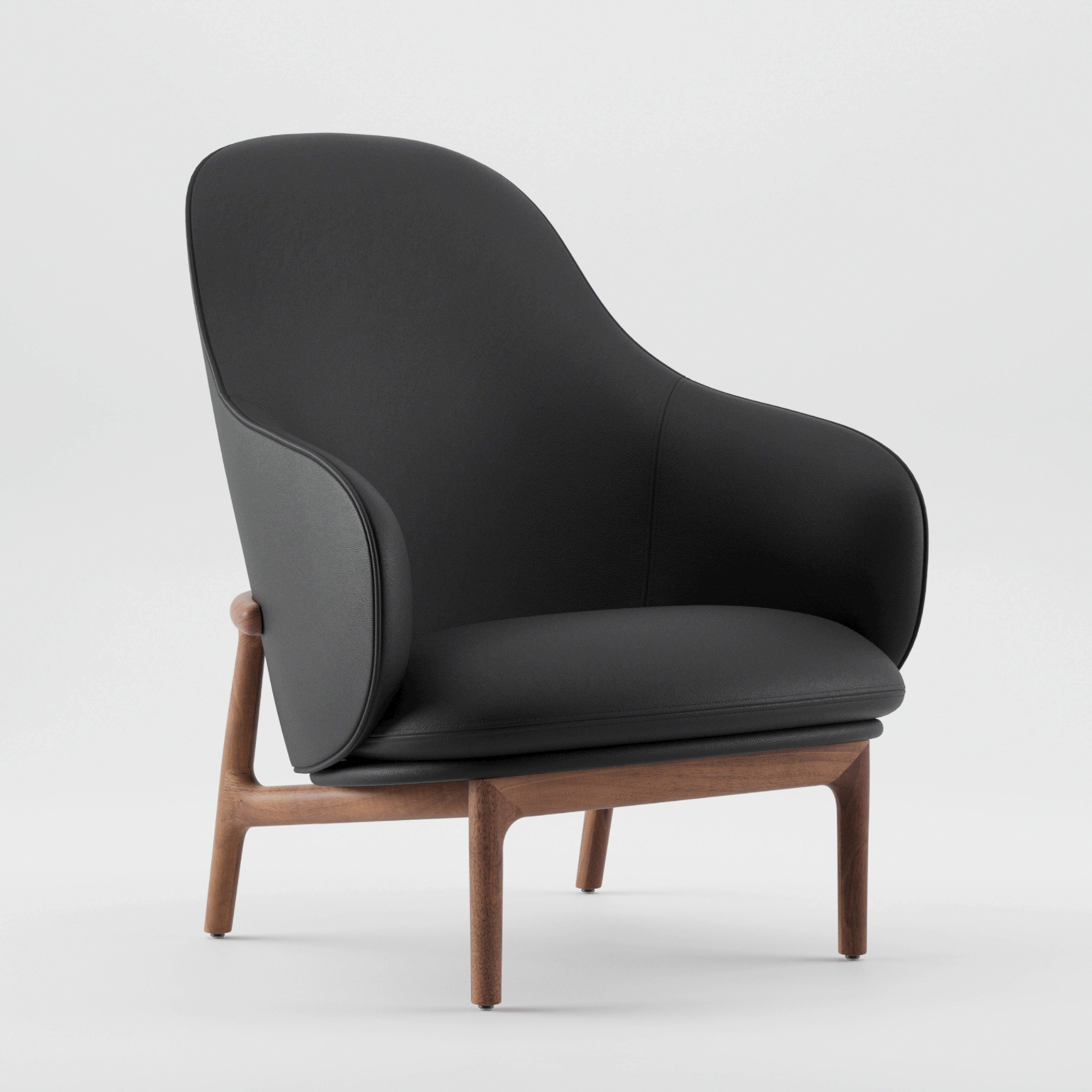 The MELA Lounge Chair High by Artisan features a sleek black seat and backrest with smooth curves, inspired by mid-century style. Its wooden legs and open back design provide a minimalist and elegant look against a plain white background.