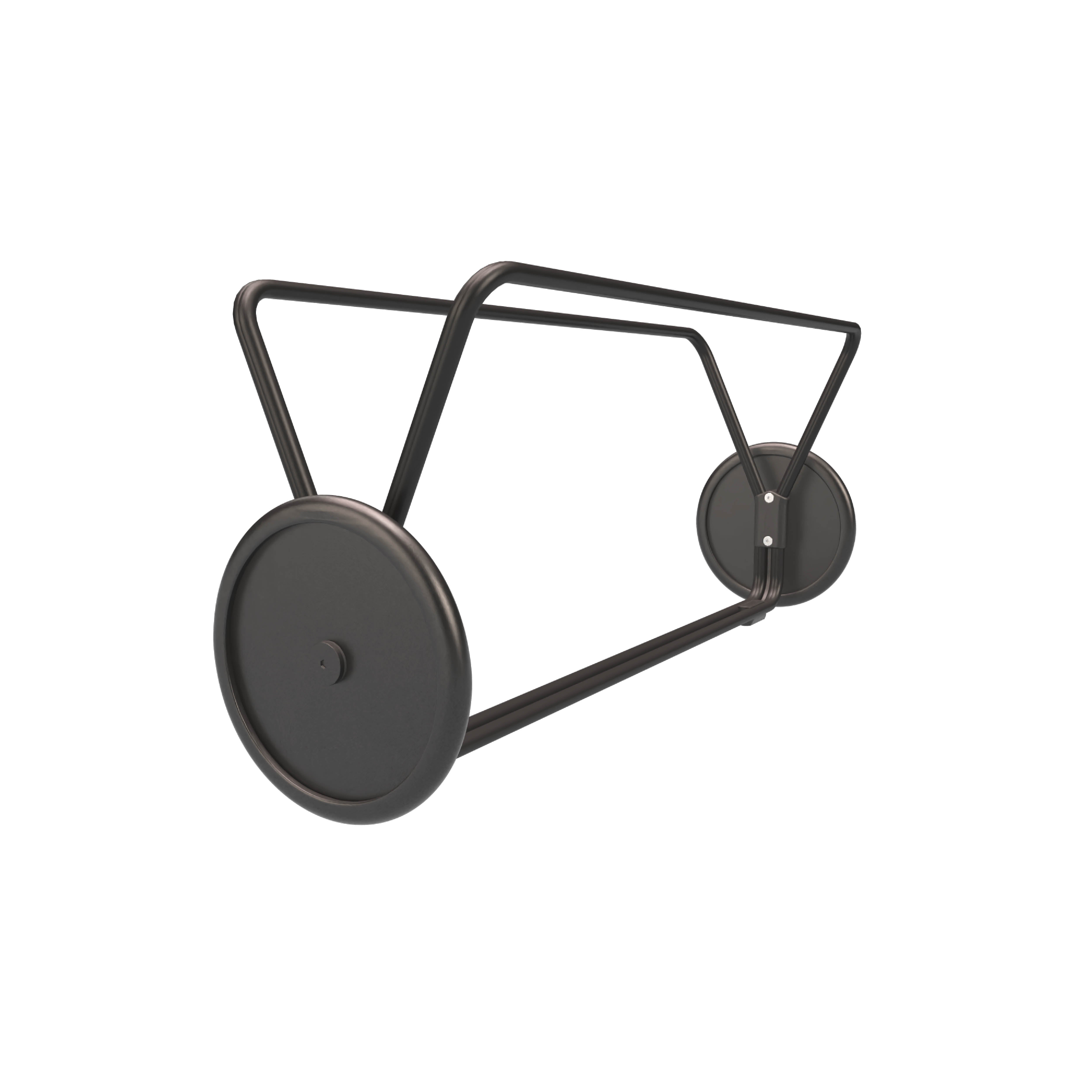 A minimalist black steel cart with two large wheels and a triangular frame, featuring a sleek, modern design that complements the versatile Houe Molo Sunbed.