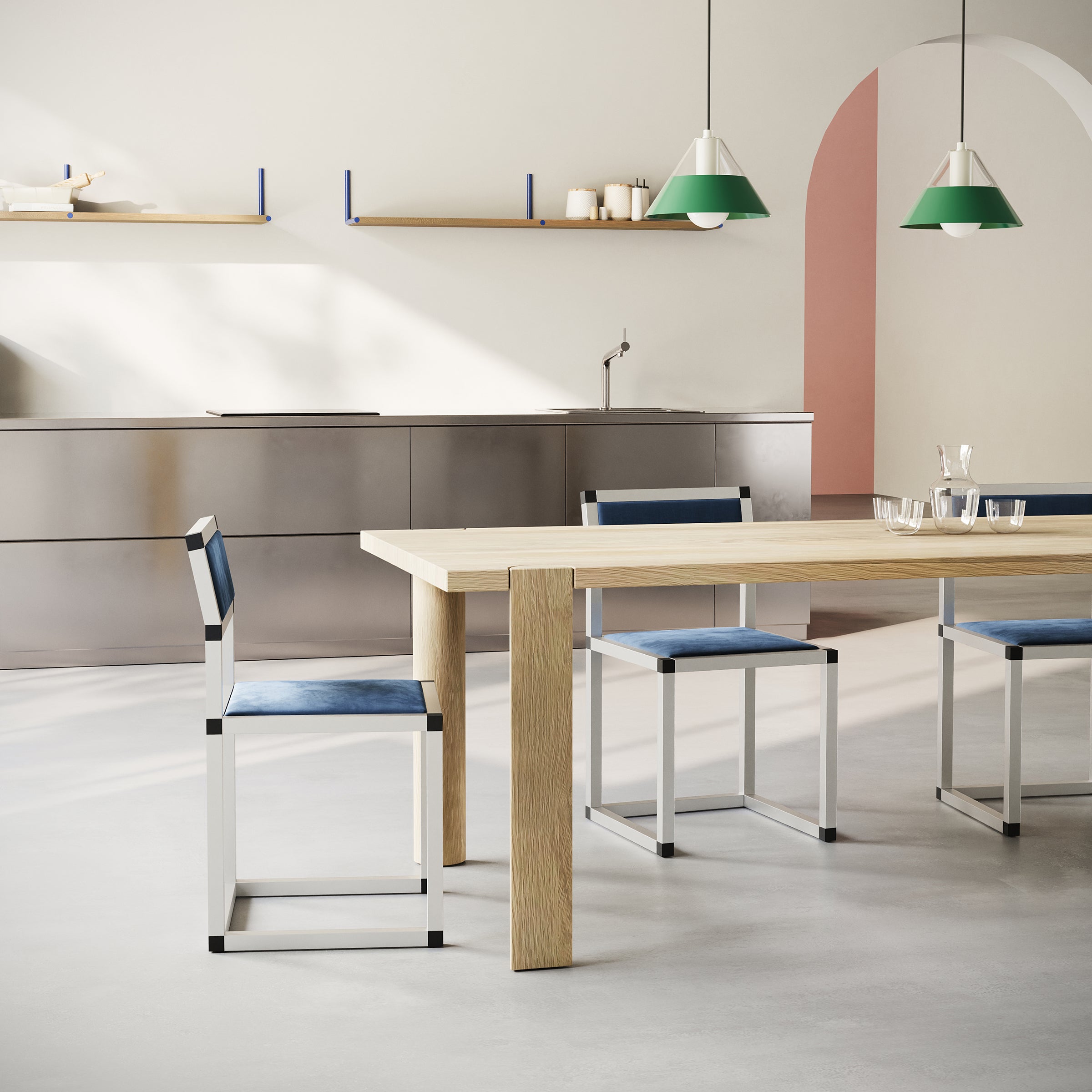 EVERYDAY Table made of solid wood with half-round legs, shown in a modern dining room setting with chairs.