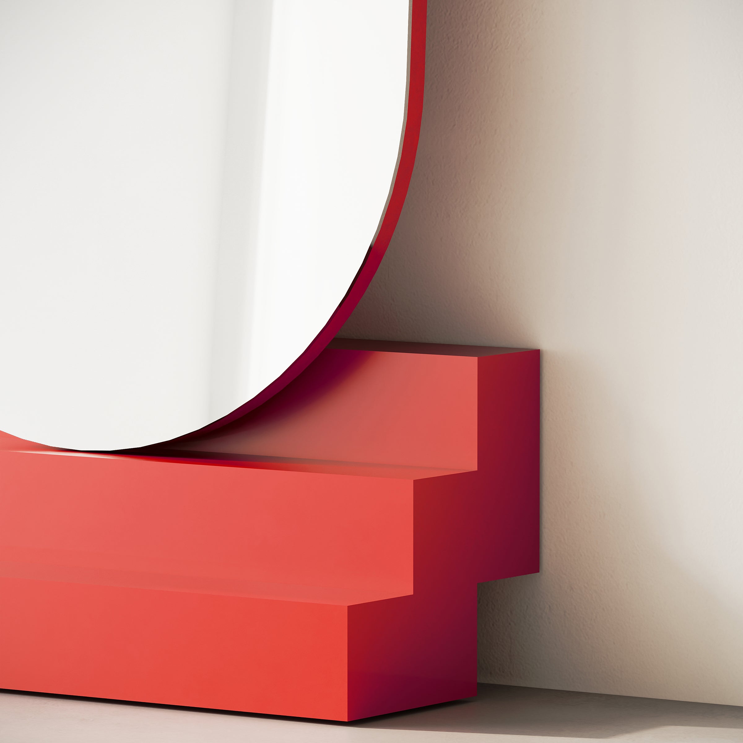 NONCHALANT Mirror with round glass and red lacquered beech stairs, modern minimalist wall-mounted design.