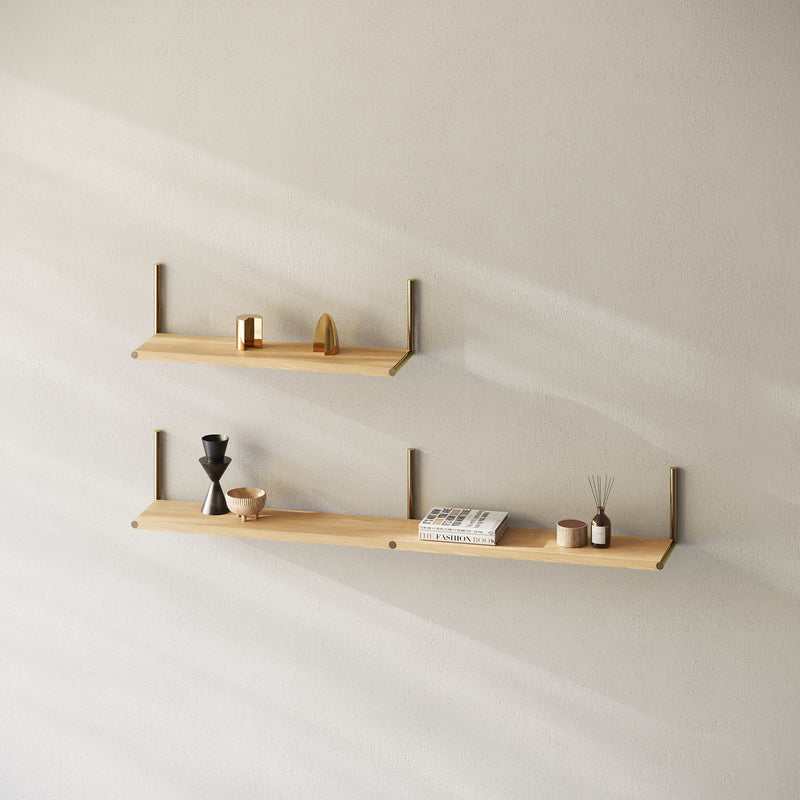 ELLE Shelf solid oak wall-mounted shelves with brass rods holding decorative items in a minimalist room setting
