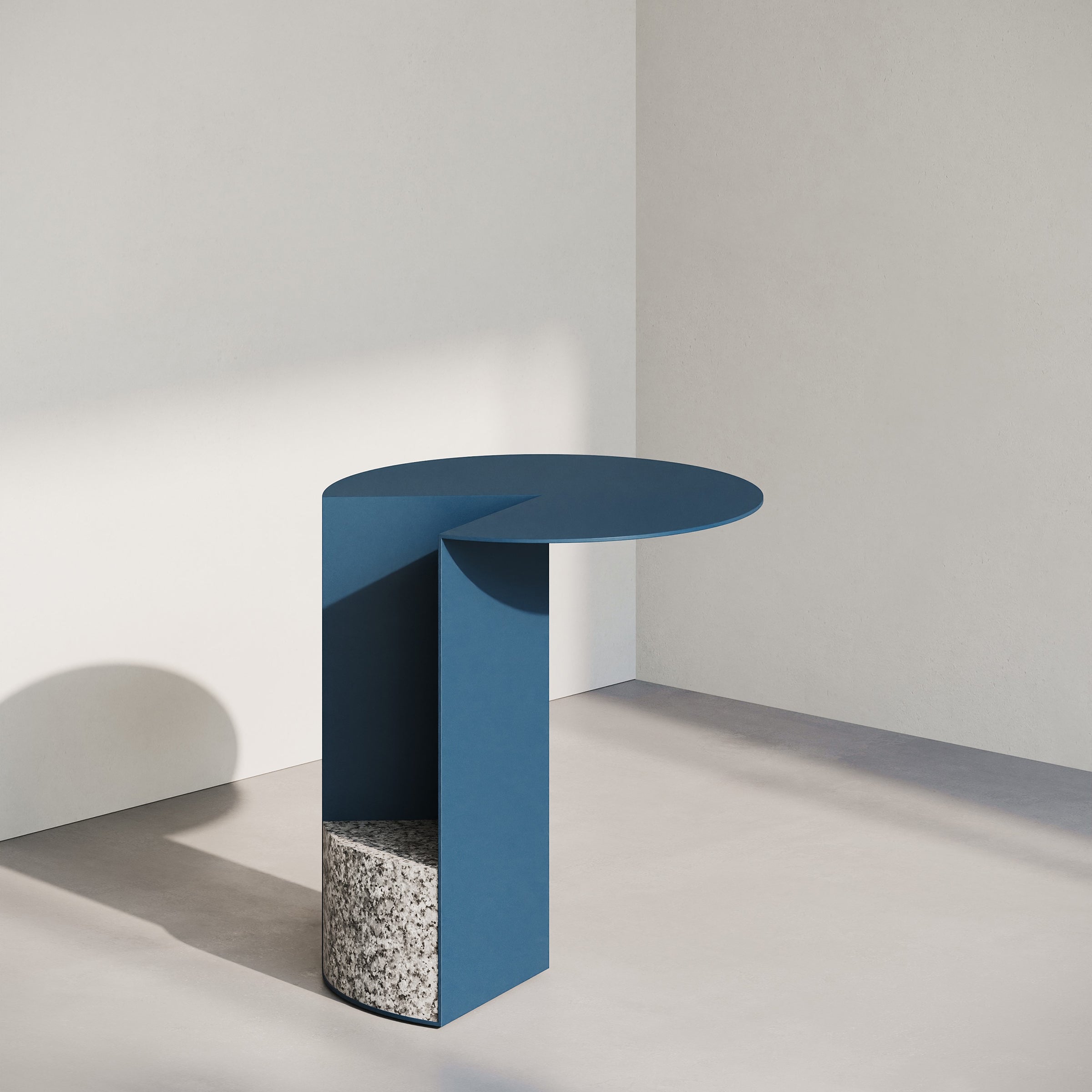 PAC 450 Side Table in gentian blue with granite base and solid aluminum powder-coated tabletop in minimalist setting