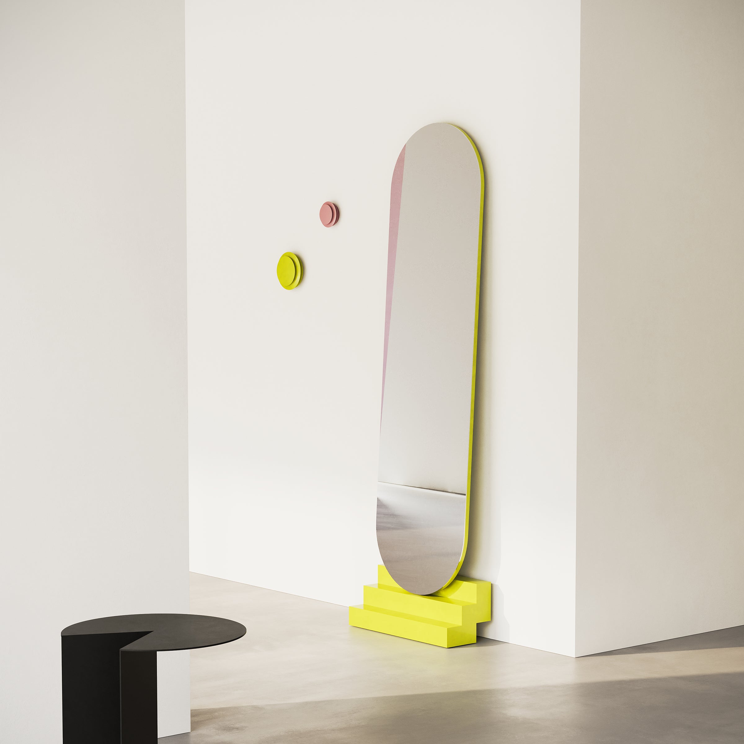 NONCHALANT Mirror with yellow lacquered solid beech stairs leaning against a white wall in a modern room setting.