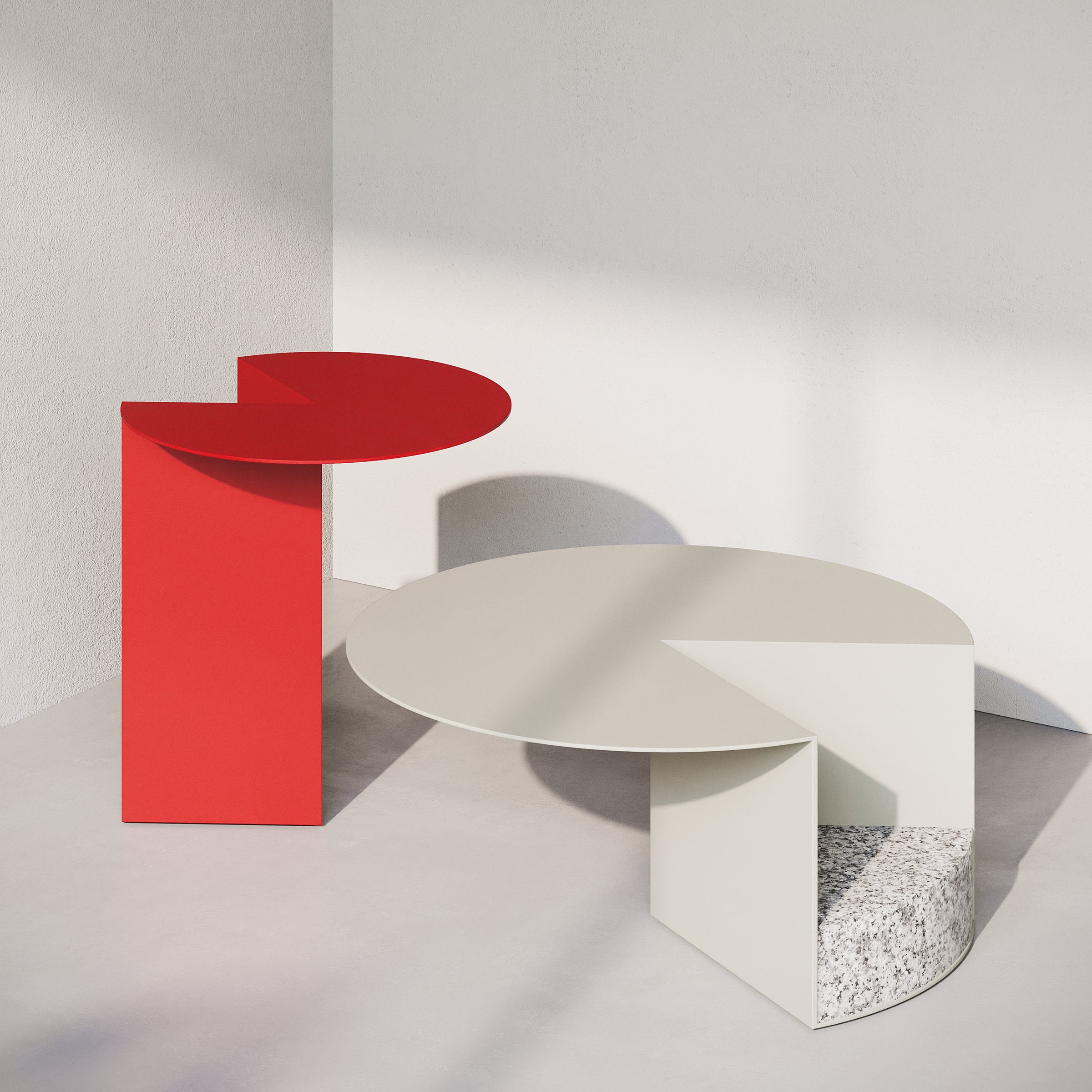 PAC 450 Side Table in red and white with granite base and powder-coated aluminum tabletop in modern design