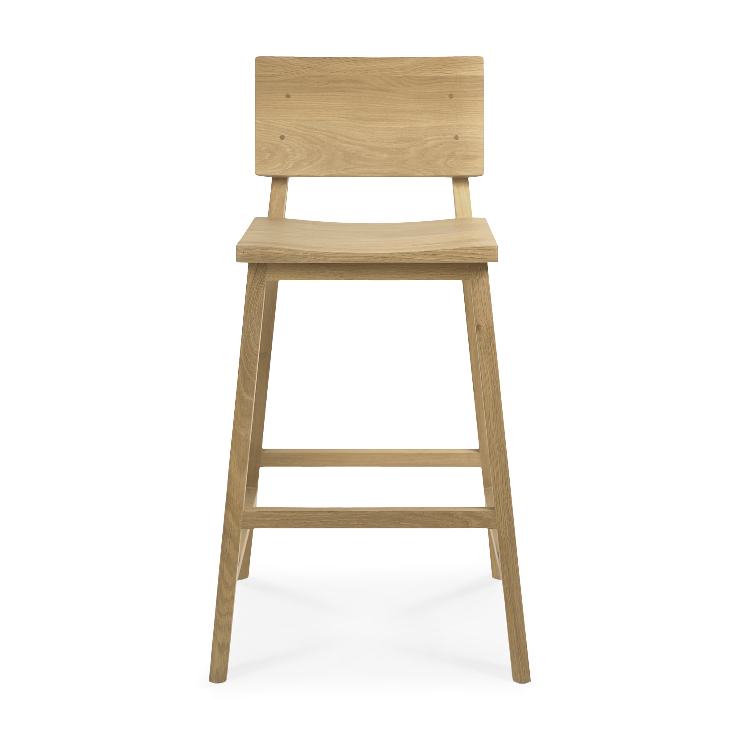 N3 Counter Stool made of oak with a simple wooden seat and backrest, designed by Nathan Yong, 25.6" seating height.