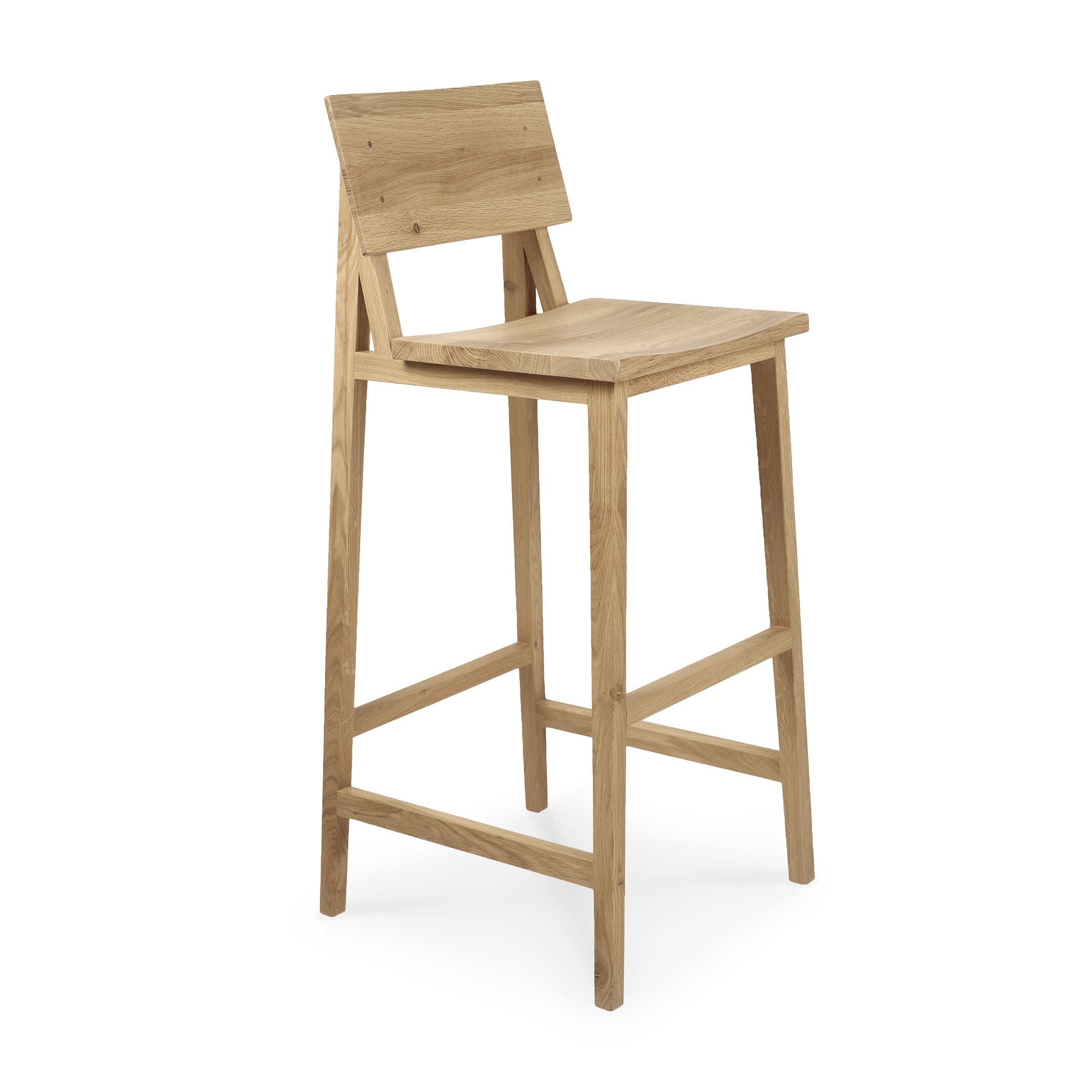 N4 Bar Stool made of varnished oak with a minimalist design by Nathan Yong, featuring a backrest and footrest.