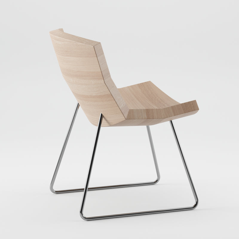 Introducing the CHUNK Chair by Artisan: a modern masterpiece with a sleek design. It features a light wooden seat and backrest finished in natural oils, supported by a minimalist metal sled base, offering an eco-friendly geometric form against a plain white background.