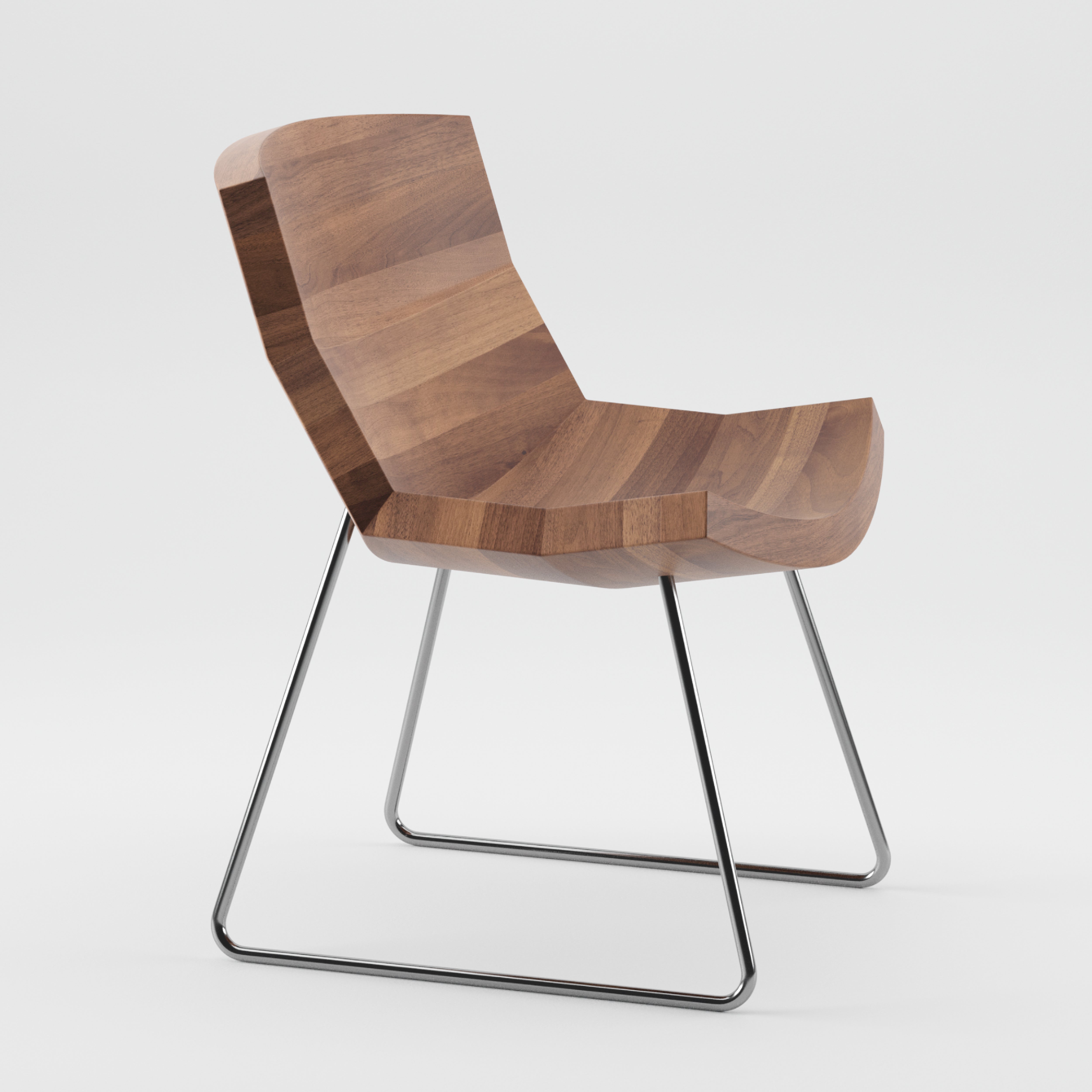 The CHUNK Chair by Artisan is a modern chair with a curved wooden seat and backrest, made from solid wood and finished with natural oils. It features a geometric design with sleek metal legs in a minimalist frame, set on a plain white background.