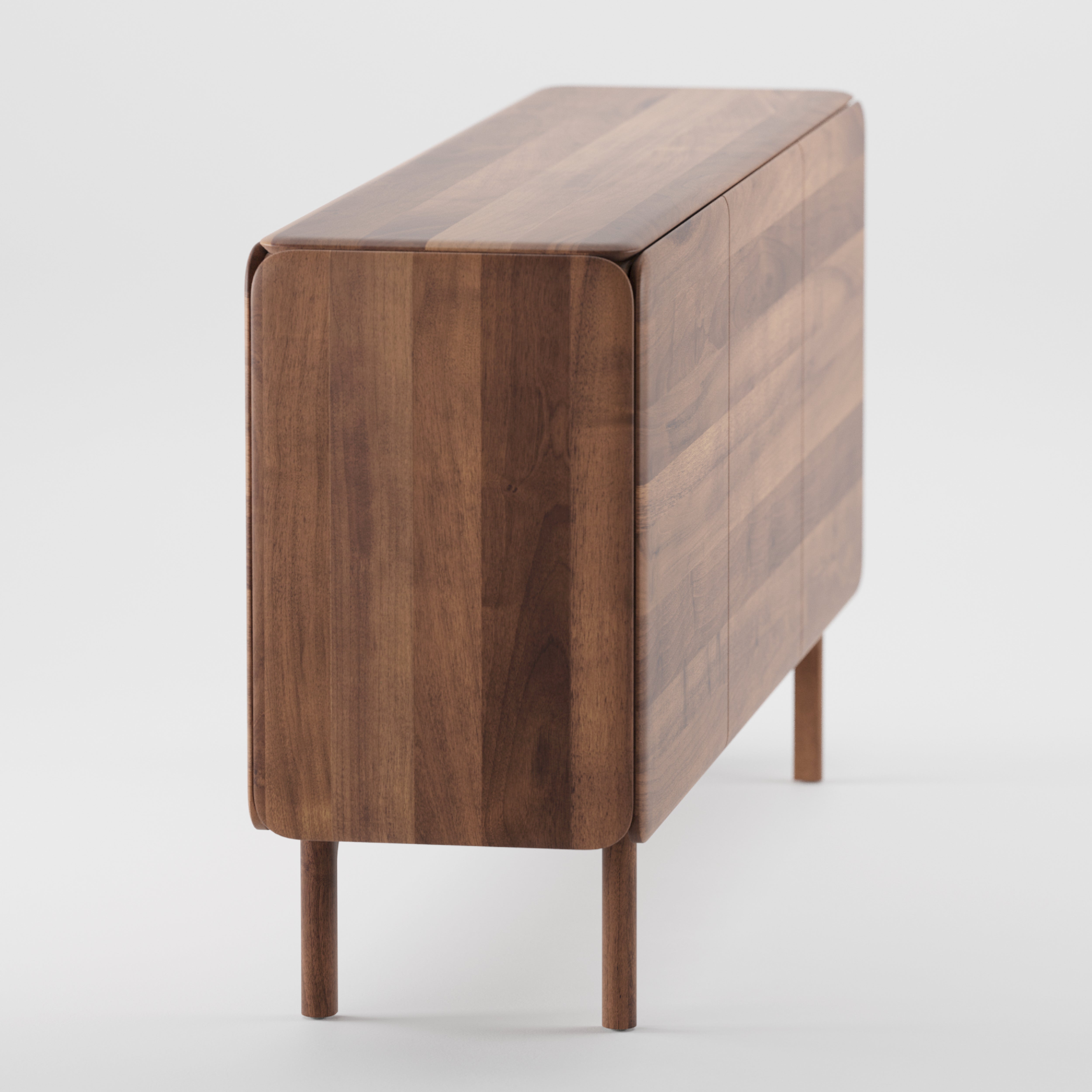 The CLOUD Sideboard by Artisan is a modern piece crafted from solid wood, featuring a minimalist design with a glossy surface enhanced by natural oils. It showcases rich wood grain and stands on cylindrical legs, delivering an eco-friendly aesthetic.