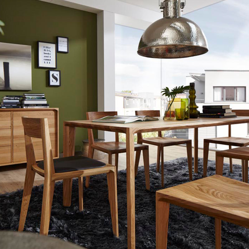A modern dining room features a solid wood table with Artisans HANNY Chairs on a dark shaggy rug. A large metallic pendant lamp hangs above. The green accent wall showcases framed pictures and a sideboard. Large windows offer building and sky views, emphasizing eco-friendly materials throughout.