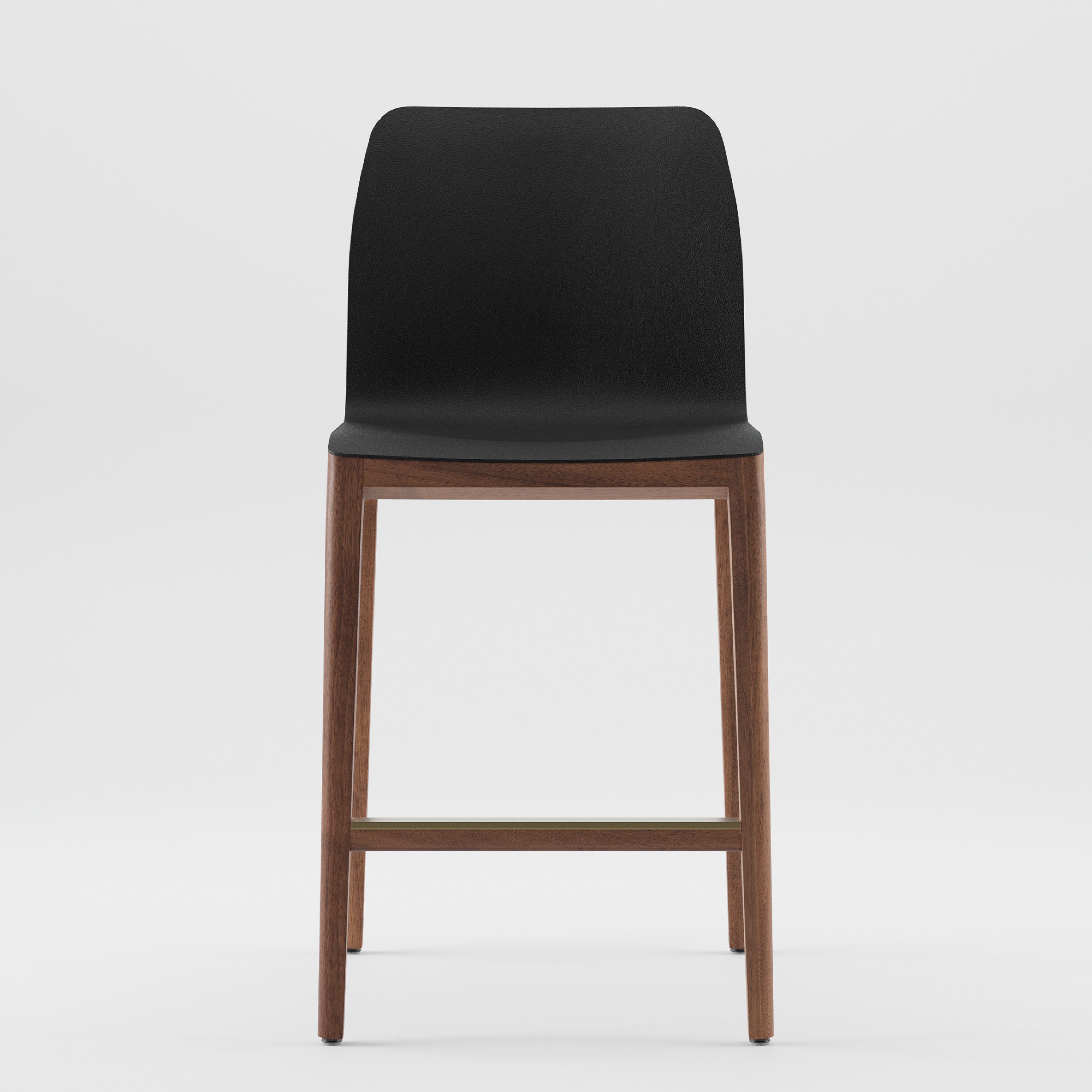 The INVITO Barstool by Artisan features a sleek black seat with an artisan designer wooden frame made from eco-friendly materials. Its minimalist design includes a footrest connecting the legs, showcased against a plain white background to highlight its contemporary style.