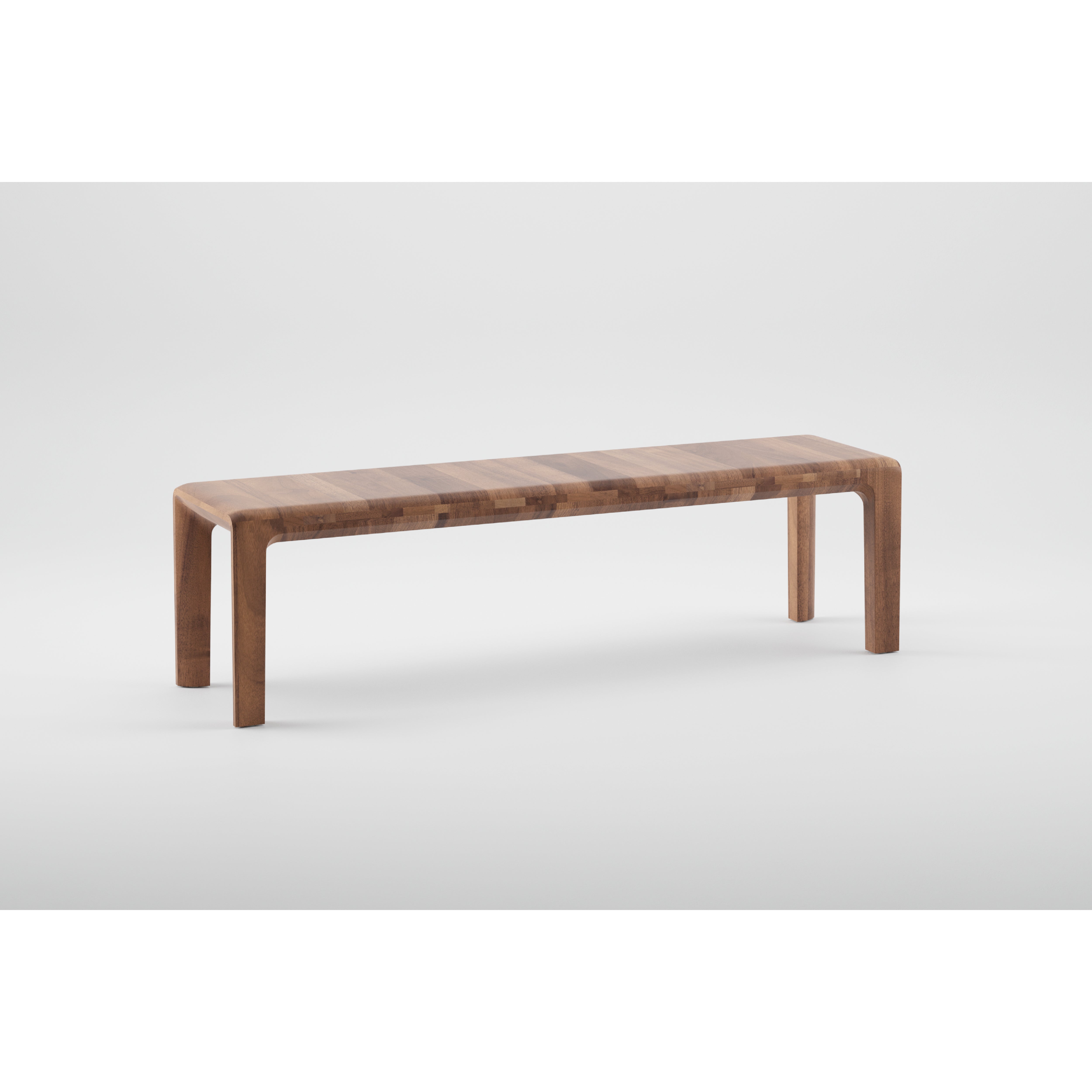 The INVITO Bench by Artisan is a minimalist wooden bench with a sleek modern design, featuring curved legs and a striped seat. Crafted from solid wood and finished with natural oils, its displayed against a plain white background.