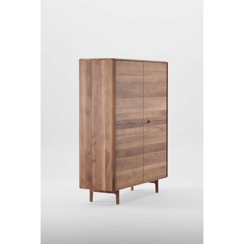 The Artisan INVITO Highboard is a solid wood wardrobe with a natural finish, featuring two doors and a simple design. It showcases horizontal wood grain on short legs, treated with natural oils to highlight its eco-friendly materials against a white background.