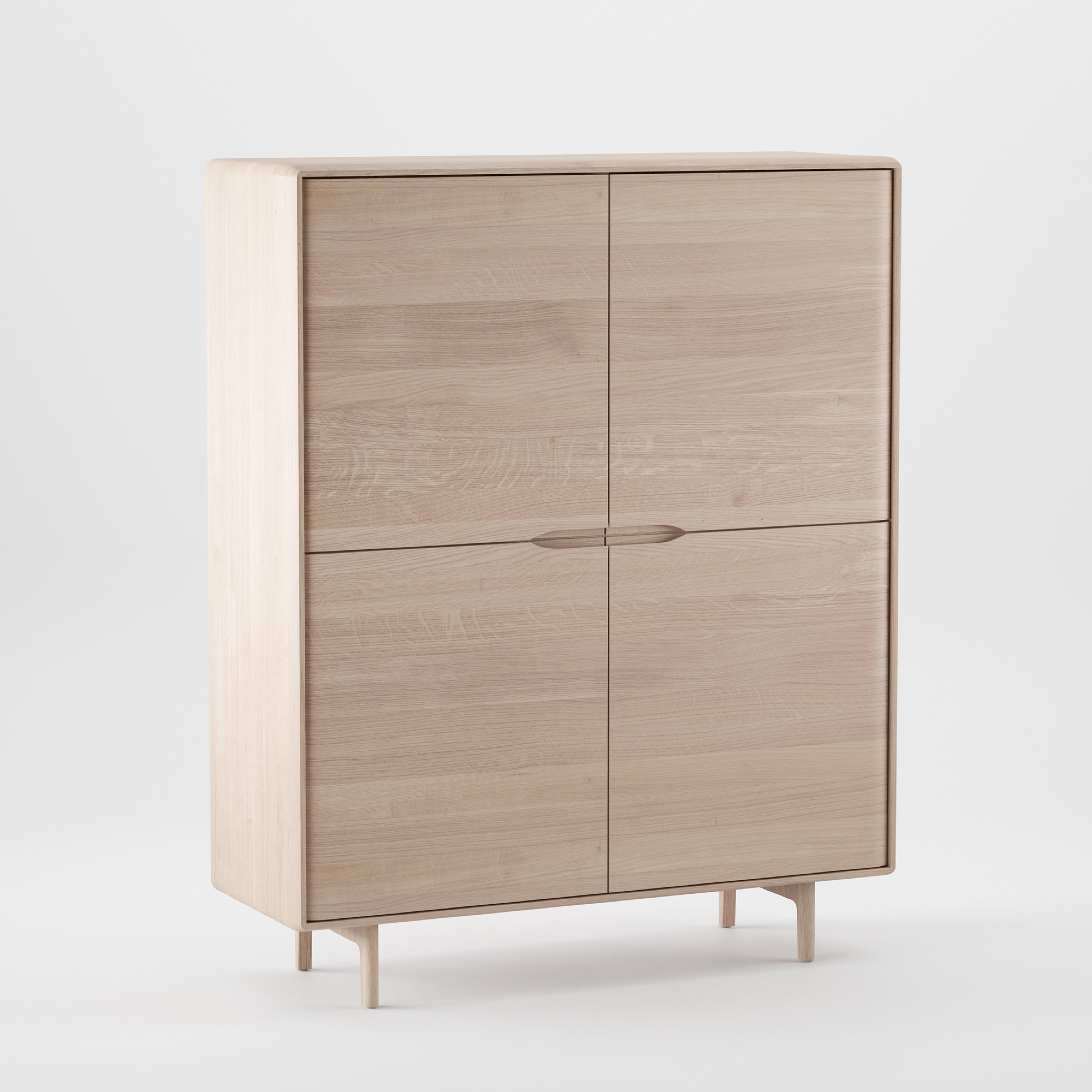 The Artisan INVITO Highboard is a minimalist cabinet crafted from environmentally-friendly solid wood with a light finish. It features four doors, smooth surfaces, and simple linear handles, standing on short, sturdy legs against a plain white background.