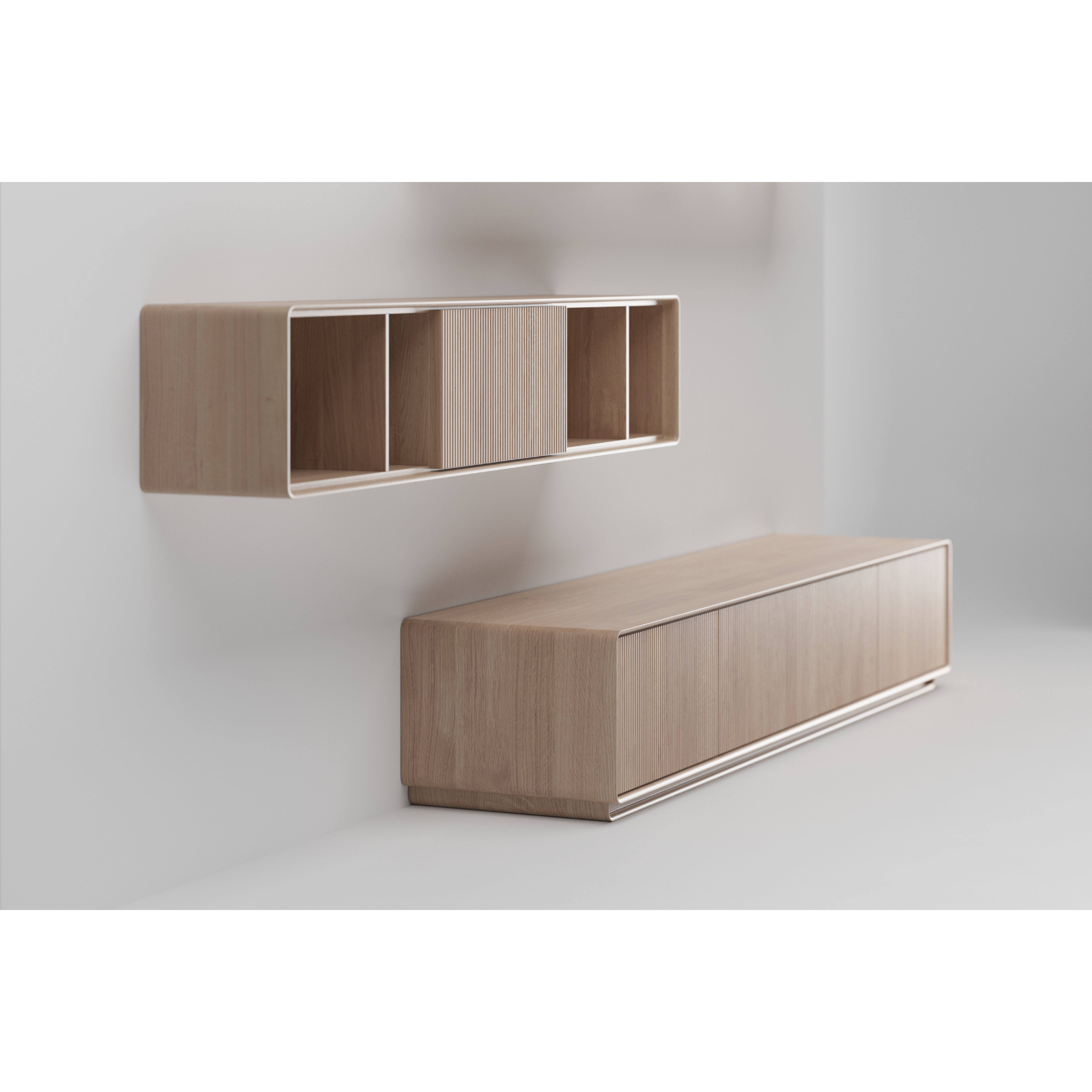 The Artisan JANTAR Modular System includes minimalist wooden furniture set against a white background, featuring an eco-friendly, wall-mounted shelf with open compartments and a matching low-profile cabinet crafted from solid wood with closed doors.