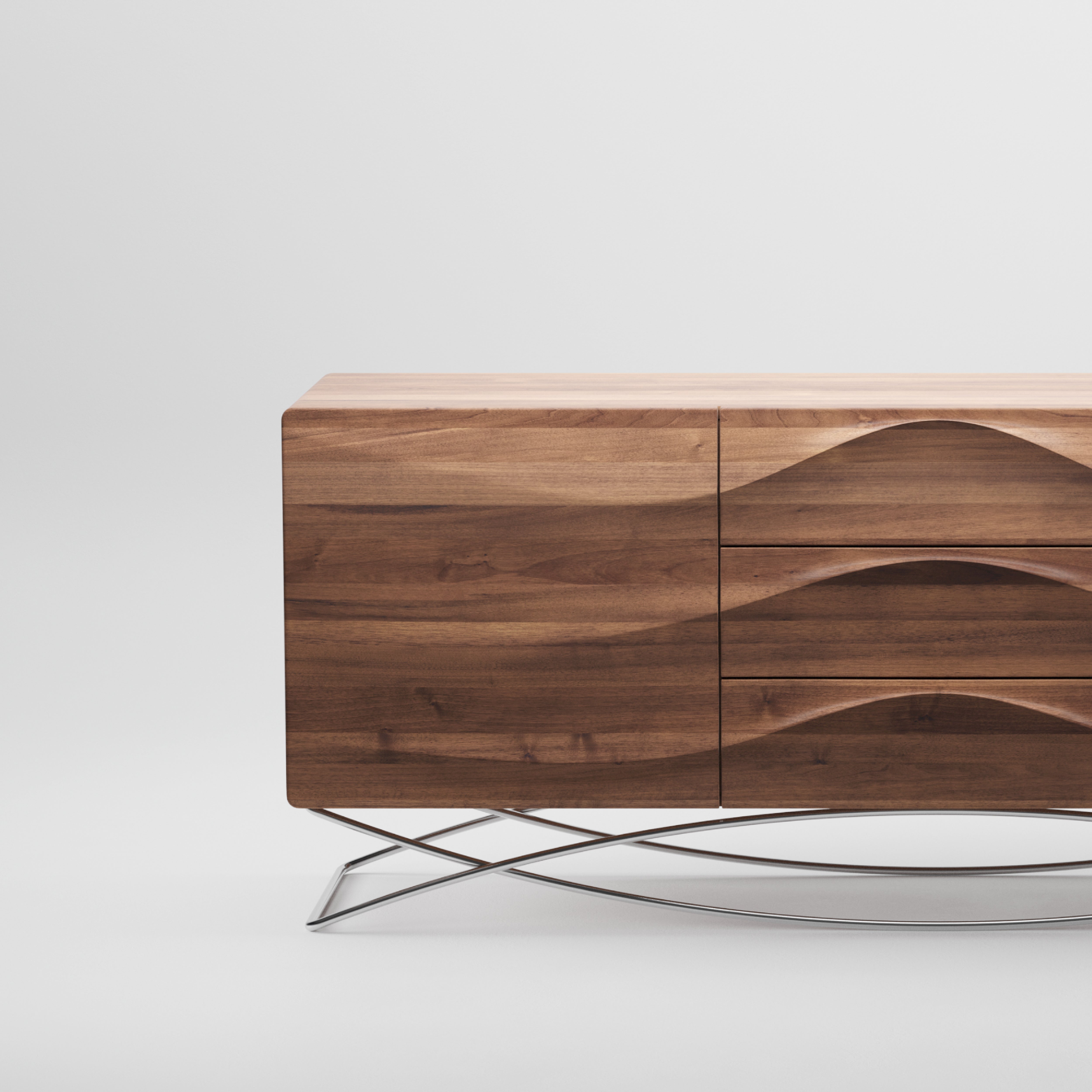The Artisan LASTA Sideboard is a modern piece crafted from solid wood, featuring a smooth, wavy pattern. Finished with natural oils for eco-friendliness, it elegantly rests on sleek metal legs against a plain white background.