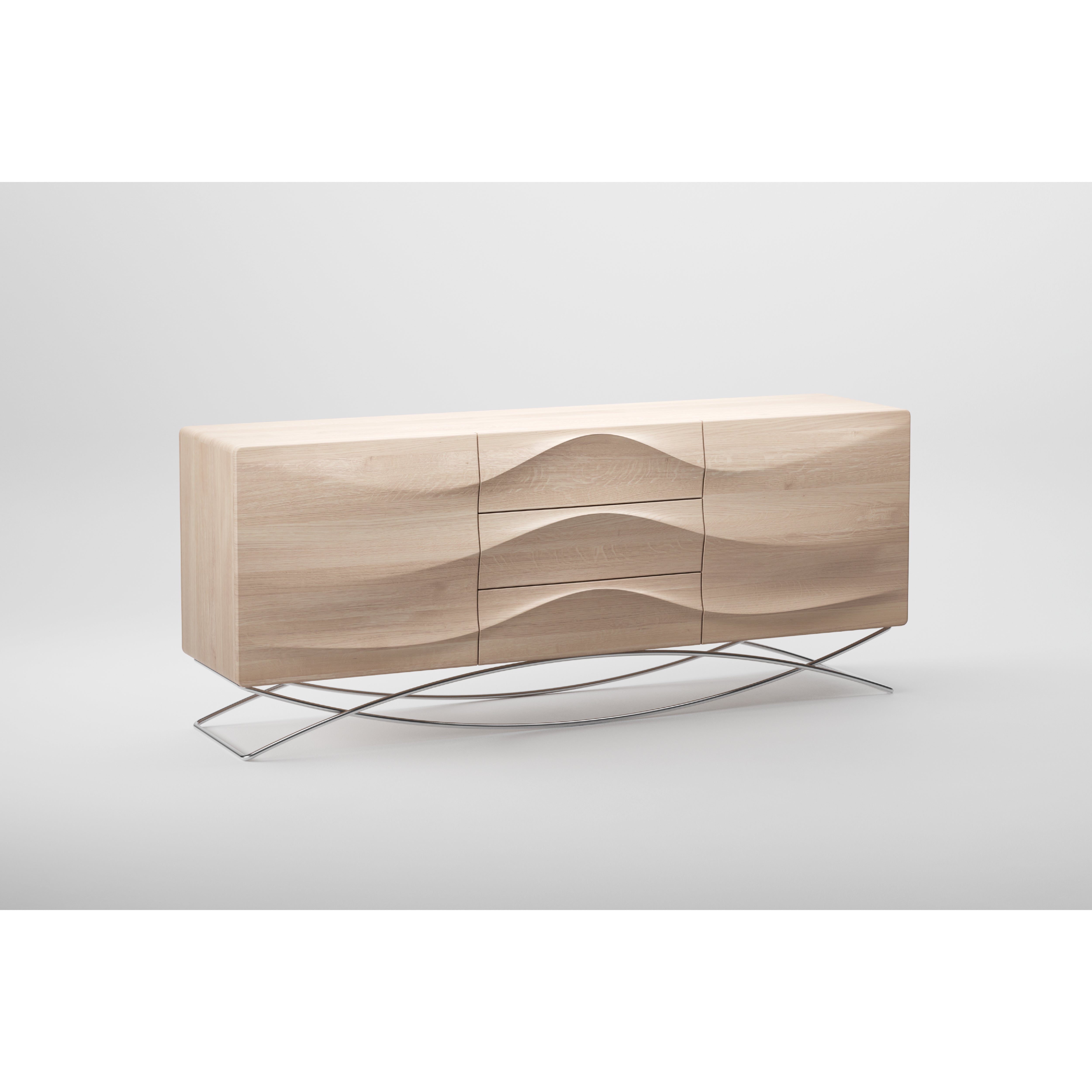 The LASTA Sideboard by Artisan is a modern piece crafted from solid wood with a light finish and a wavy front design. Enhanced with natural oils, it features smooth lines and stands on slender, curved metal legs, set against a white background.