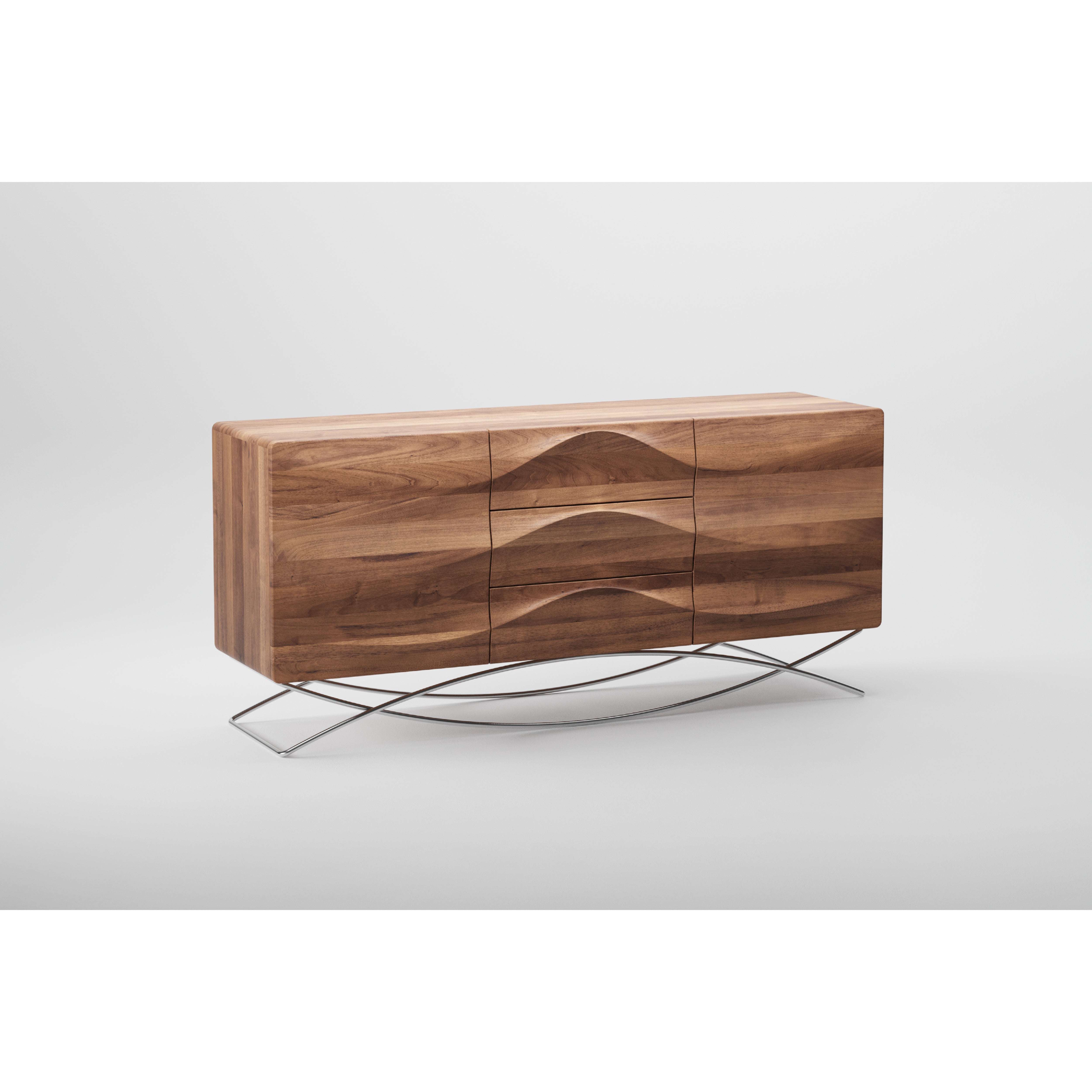 The LASTA Sideboard by Artisan is a modern piece crafted from solid wood with a wave pattern design, featuring three drawers and two doors. Finished with natural oils, it stands on slender, curved metal legs against a plain gray background.