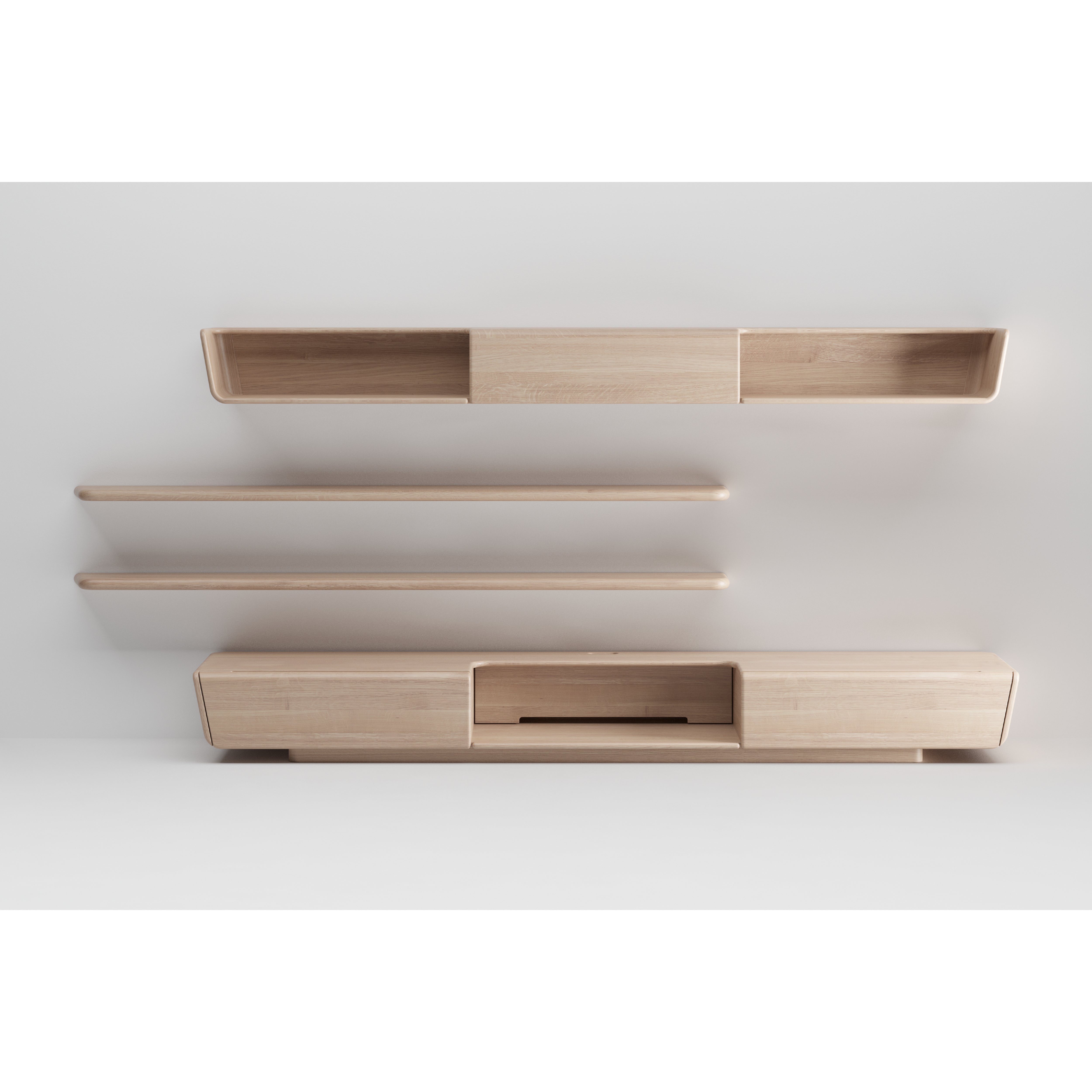 The Artisan LATUS Modular System is a minimalist wooden shelving unit with an eco-friendly design, crafted from solid wood and finished with natural oils and wax. It includes a long cabinet with three lower compartments and two open shelves above, perfect against a white wall.