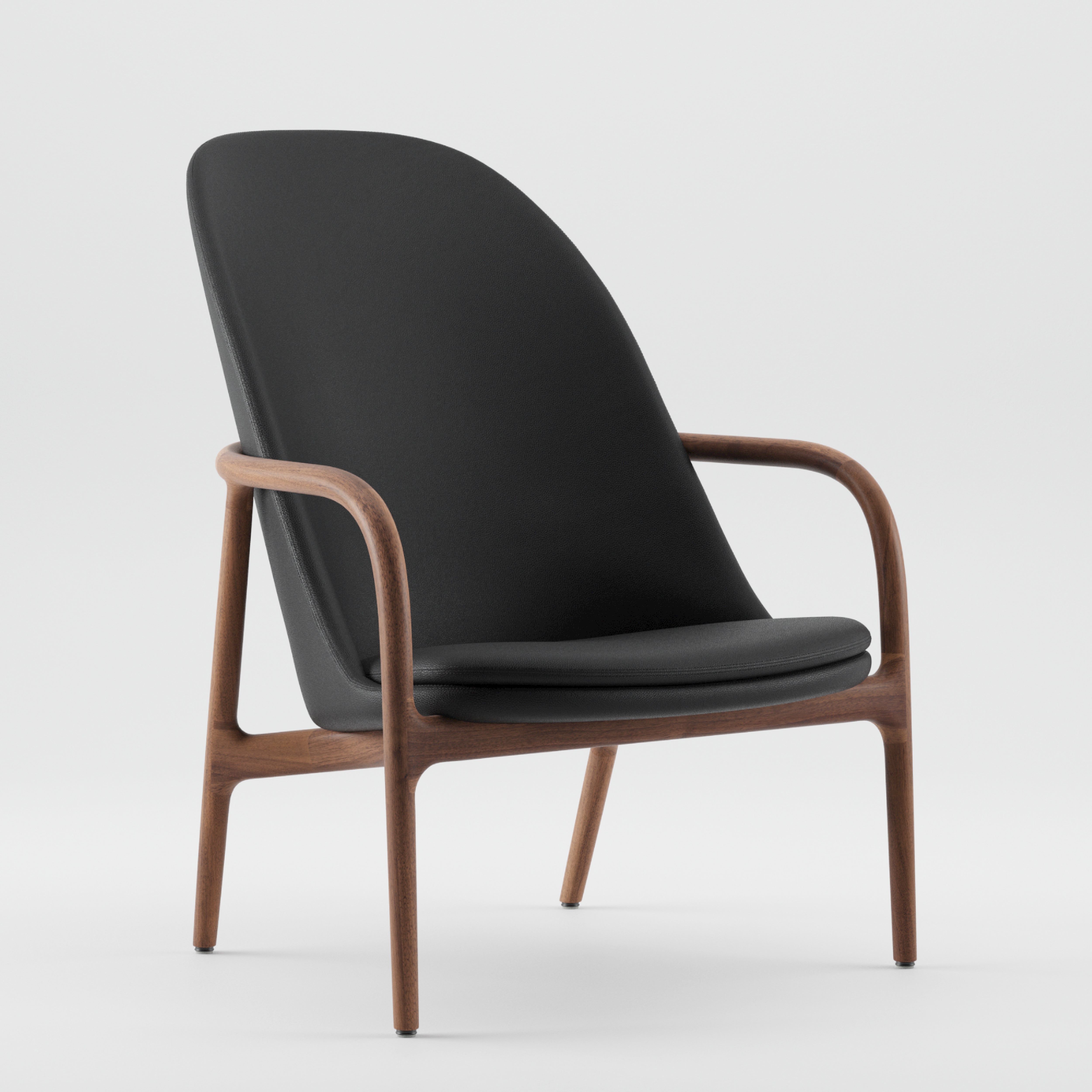 The NEVA Lounge Chair High by Artisan combines modern technology and artisanal craftsmanship, featuring a sleek wooden frame with black cushions for the seat and backrest, all set against a plain white background.
