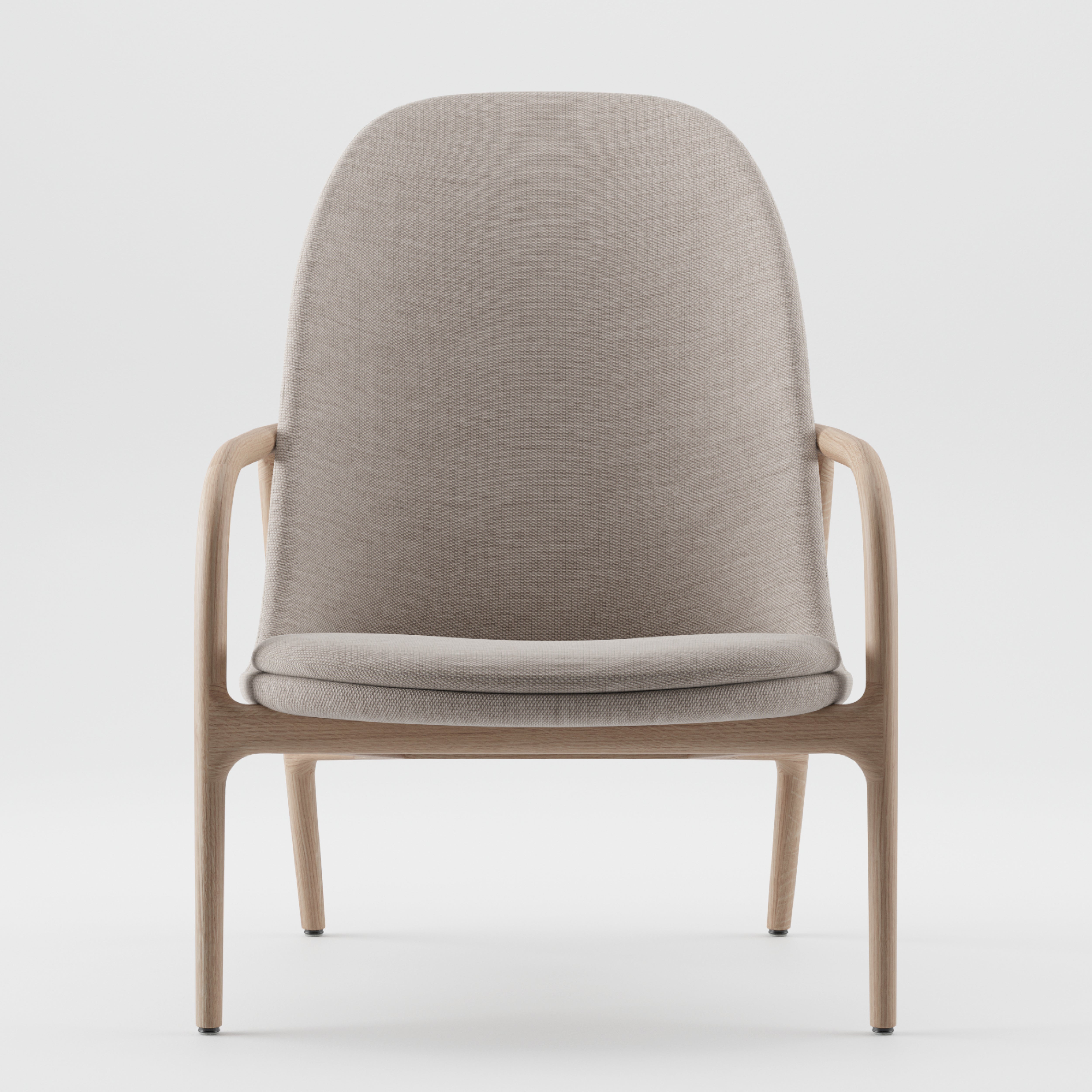 The NEVA Lounge Chair High by Artisan showcases a minimalist design with a curved, light gray fabric backrest and seat, complemented by sleek wooden armrests and legs, exemplifying Scandinavian craftsmanship against a white backdrop.