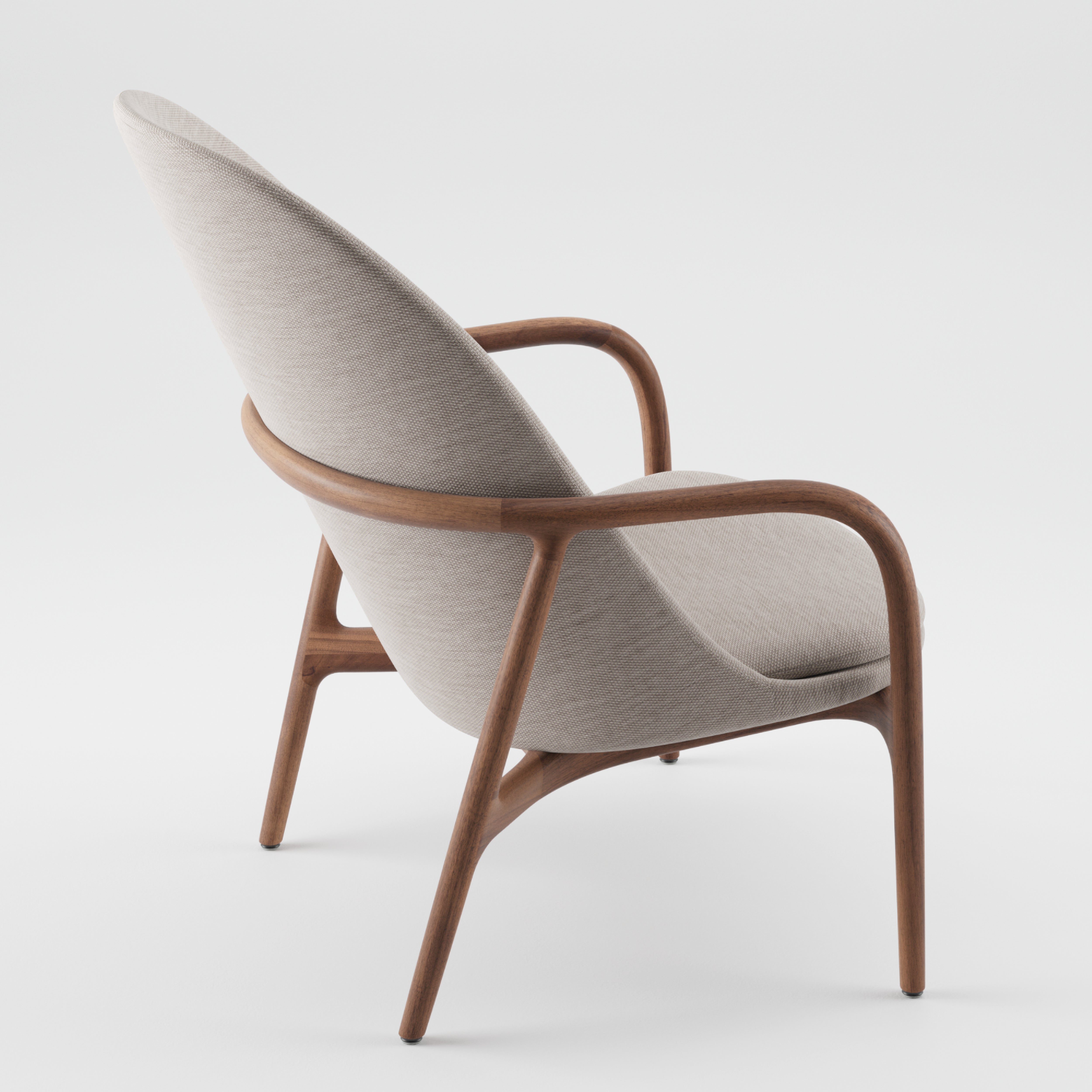 Introducing the NEVA Lounge Chair High by Artisan, a perfect fusion of modern technology and artistry. This chic Scandinavian chair showcases a wooden frame with light gray fabric upholstery, featuring a slightly reclined backrest and smooth, curved armrests on a plain white backdrop.